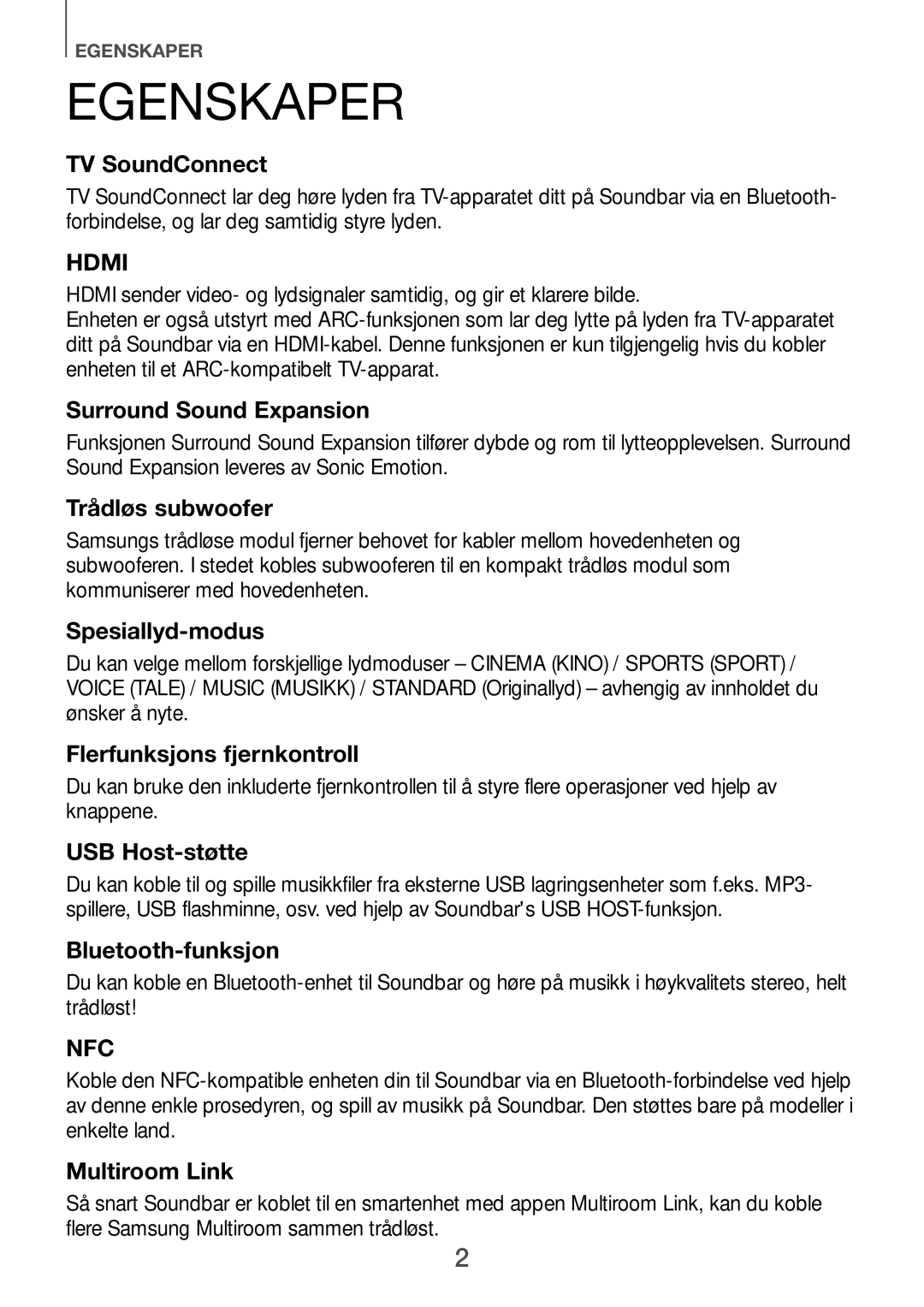 Samsung HW-H751/XE, HW-H750/XE, HW-F751/XE manual Egenskaper, TV SoundConnect 