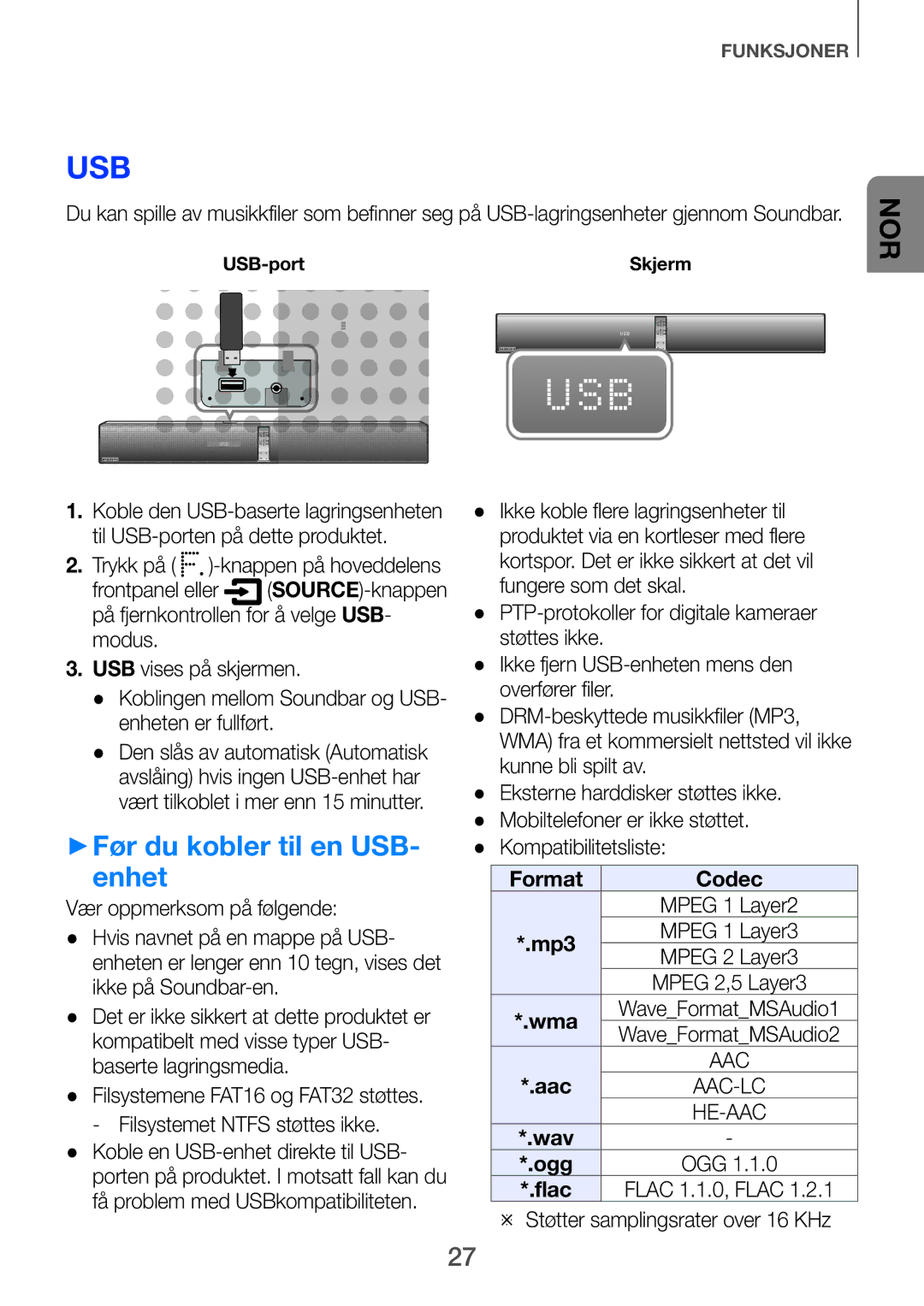 Samsung HW-H750/XE, HW-F751/XE, HW-H751/XE manual ++Før du kobler til en USB, Enhet 