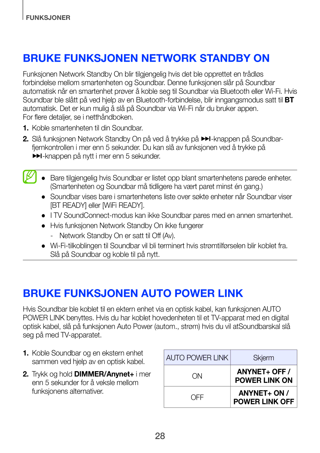 Samsung HW-F751/XE, HW-H750/XE, HW-H751/XE manual Bruke funksjonen Network Standby On, Bruke funksjonen Auto Power Link 