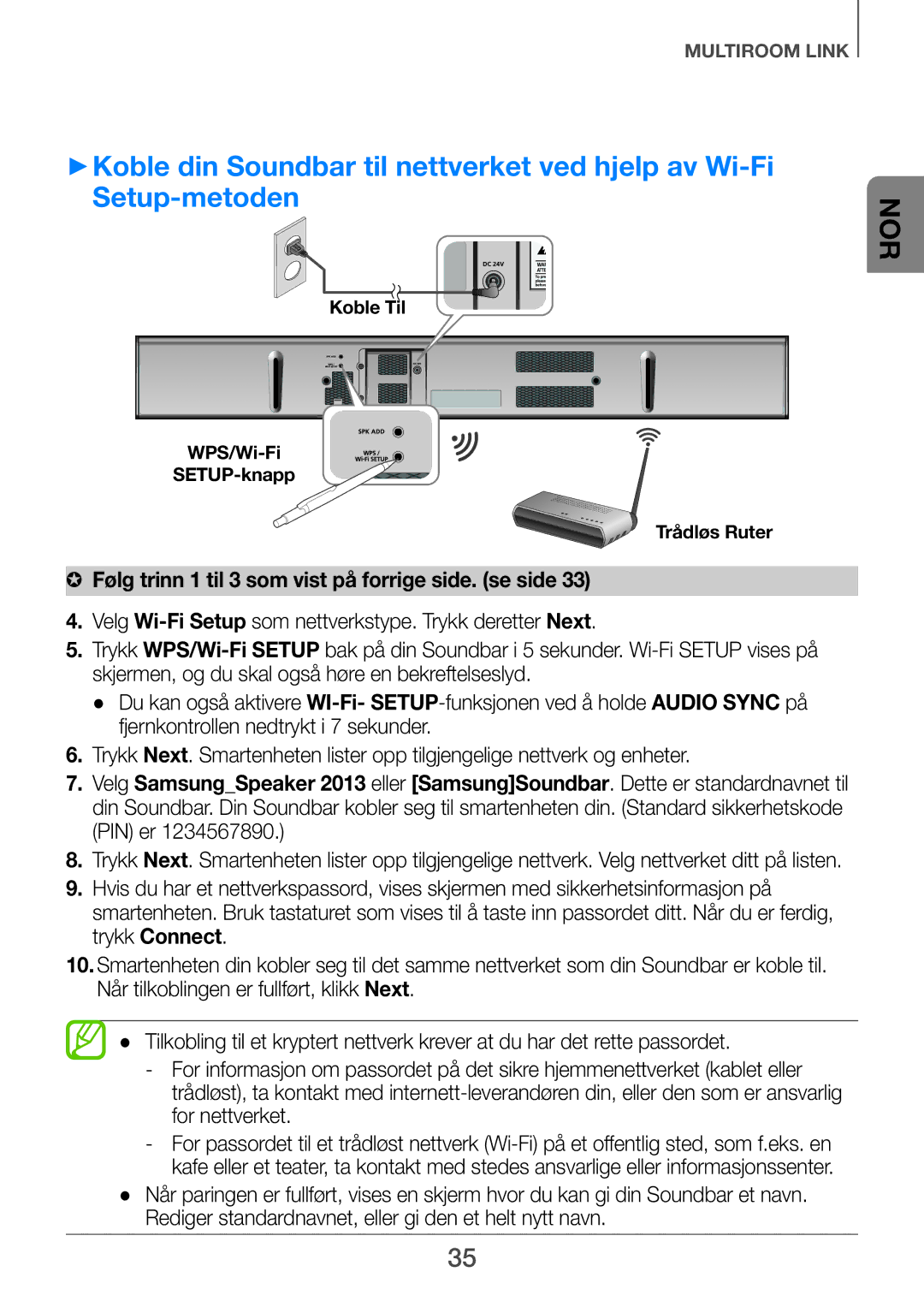 Samsung HW-H751/XE, HW-H750/XE, HW-F751/XE manual Koble Til WPS/Wi-Fi SETUP-knapp Trådløs Ruter 