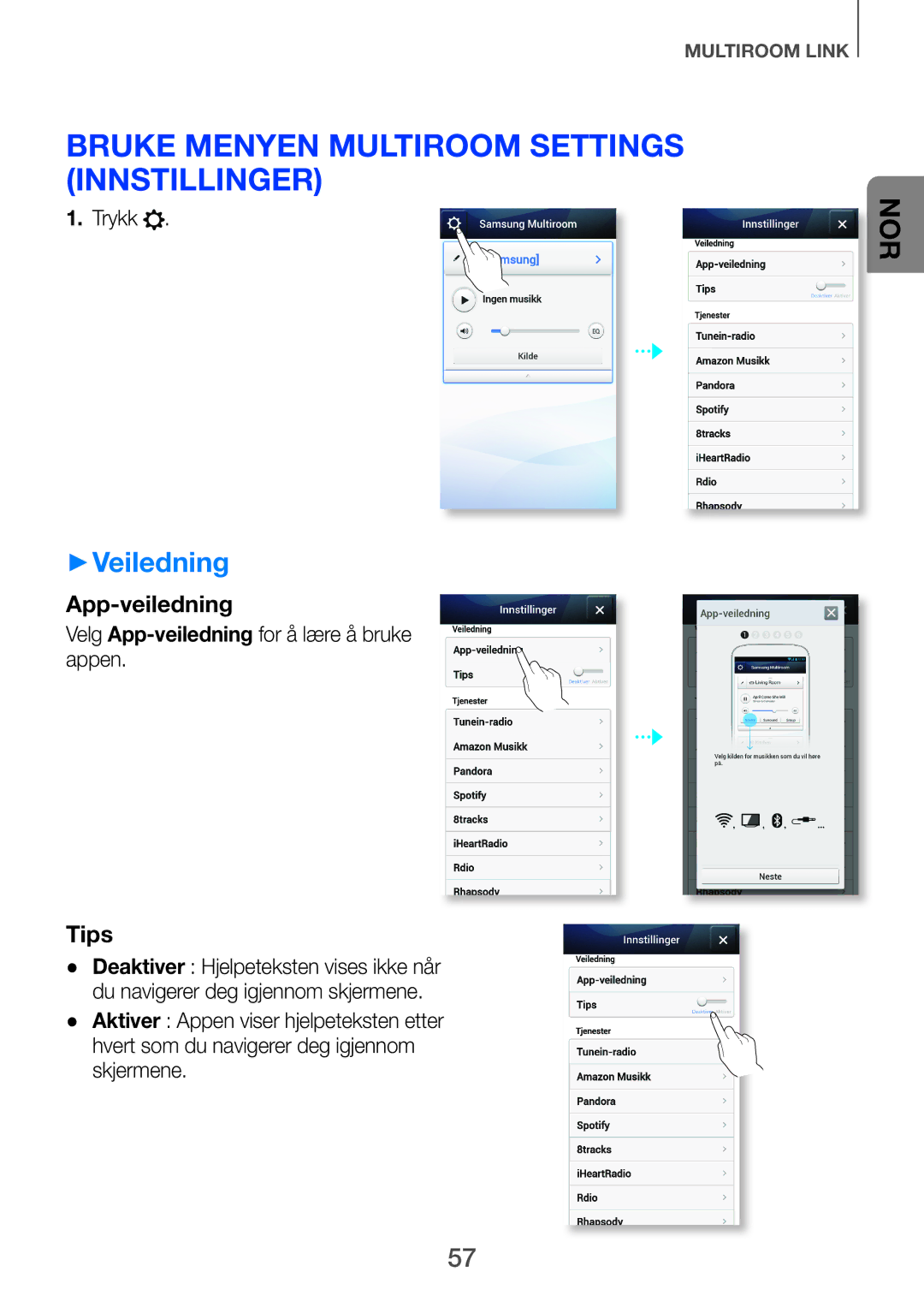 Samsung HW-H750/XE, HW-F751/XE, HW-H751/XE manual Bruke menyen Multiroom settings innstillinger, ++Veiledning 