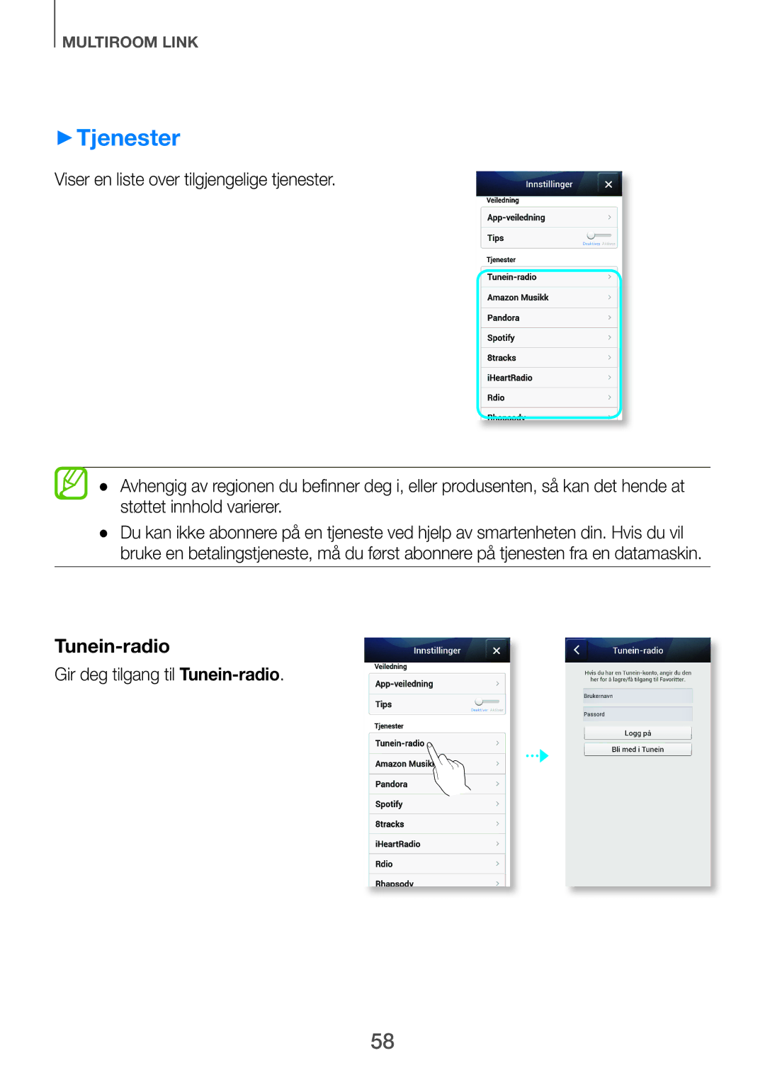 Samsung HW-F751/XE, HW-H750/XE, HW-H751/XE manual ++Tjenester, Gir deg tilgang til Tunein-radio 