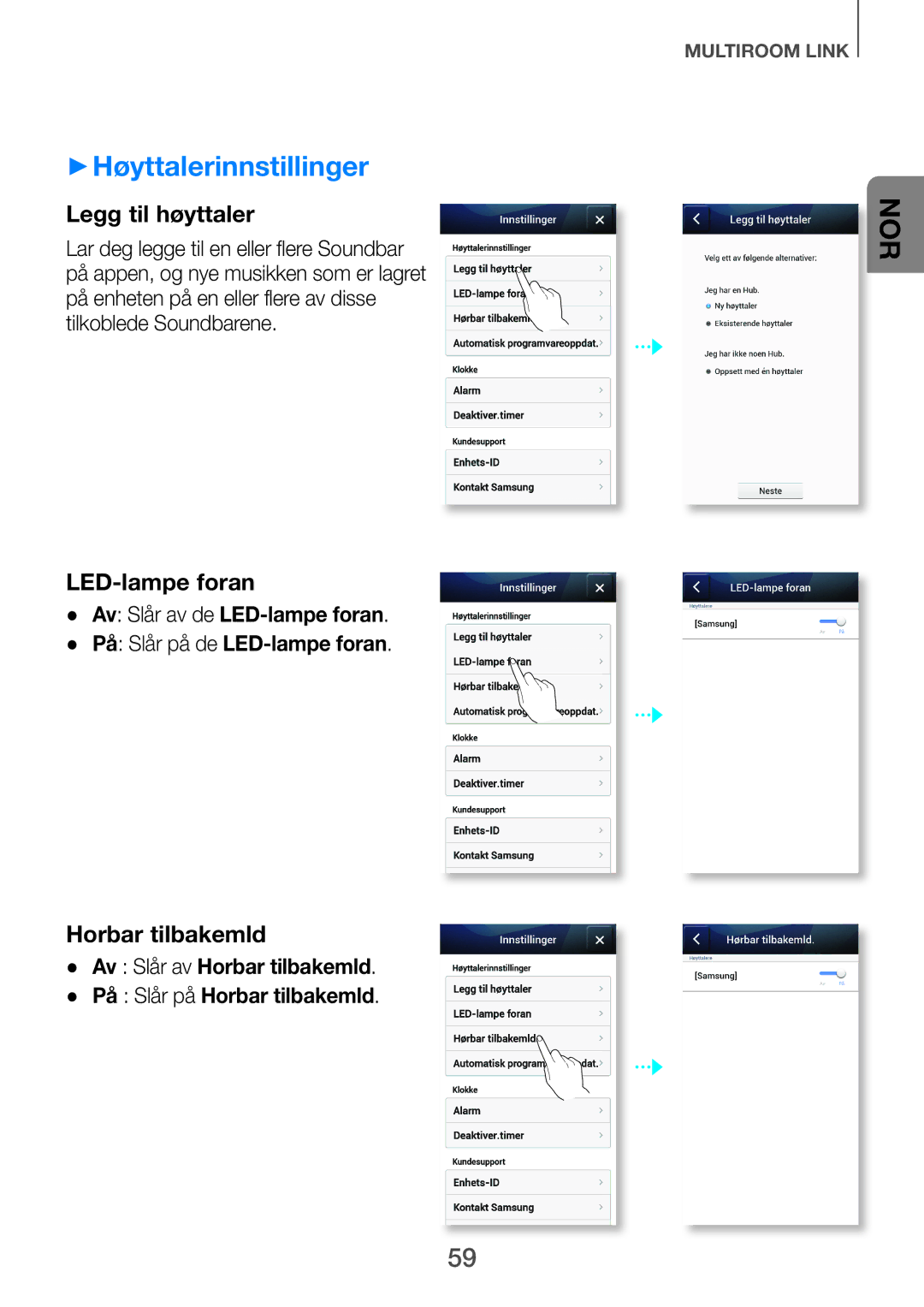 Samsung HW-H751/XE, HW-H750/XE manual ++Høyttalerinnstillinger, Av Slår av de LED-lampe foran På Slår på de LED-lampe foran 