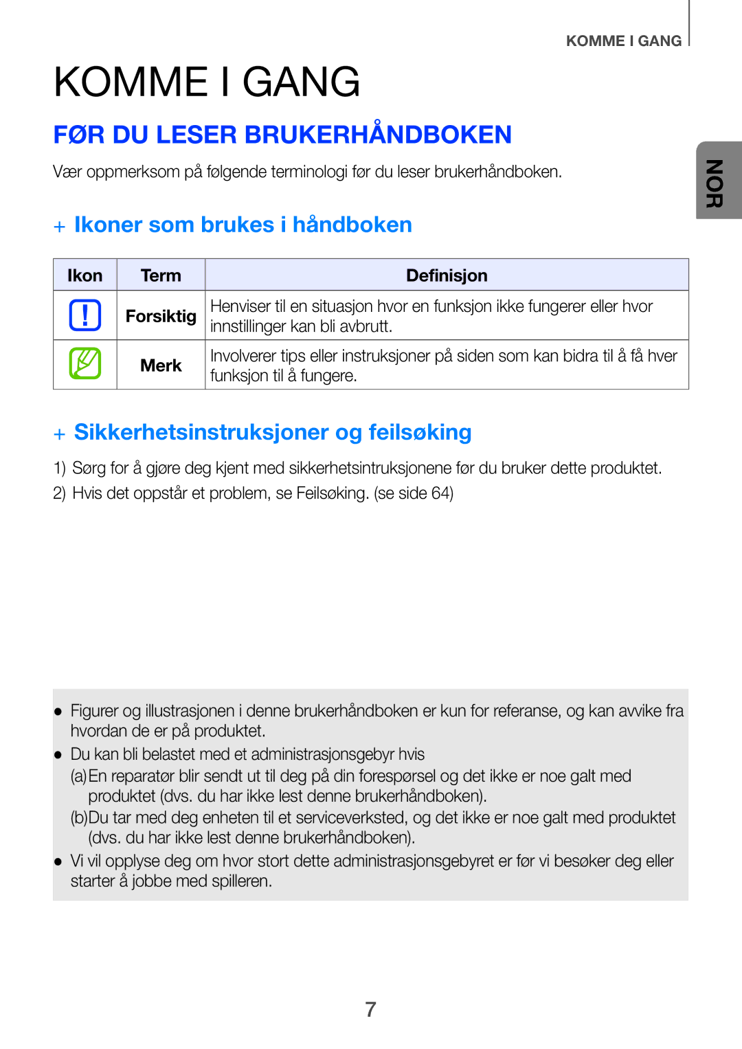 Samsung HW-F751/XE, HW-H750/XE, HW-H751/XE manual Komme i gang, Før du leser brukerhåndboken, ++Ikoner som brukes i håndboken 