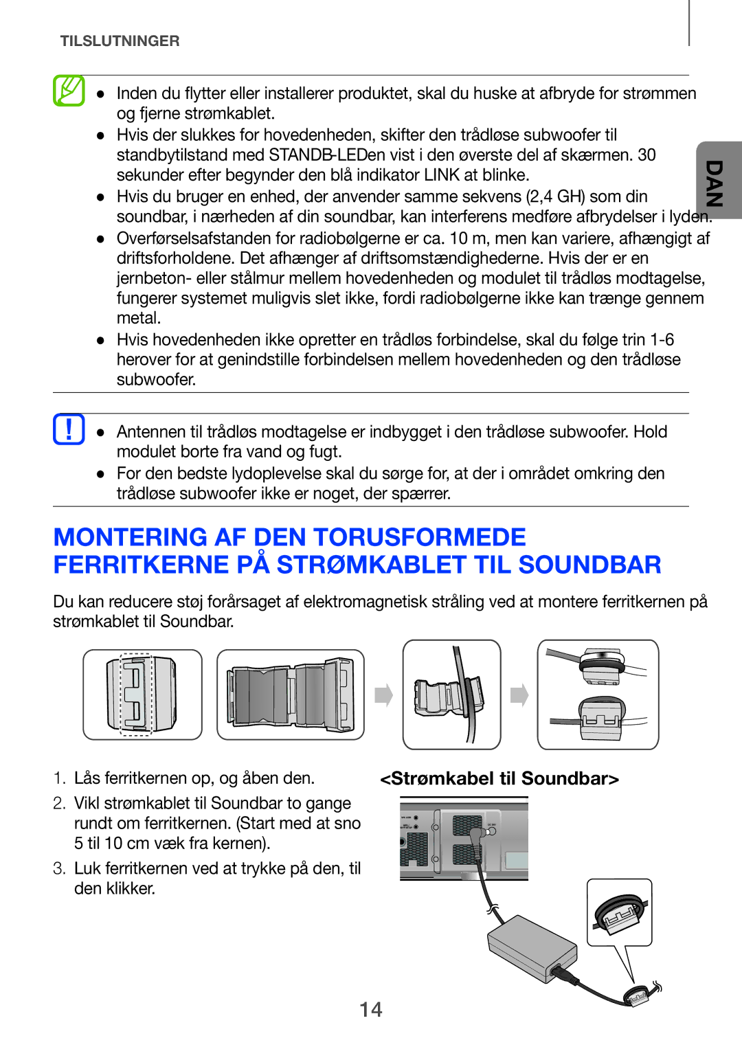 Samsung HW-H751/XE, HW-H750/XE, HW-F751/XE manual Strømkabel til Soundbar, Vikl strømkablet til Soundbar to gange 