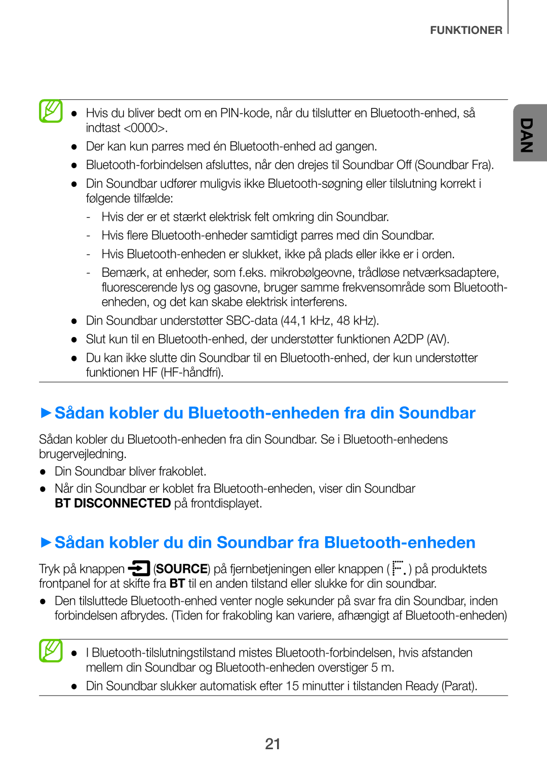 Samsung HW-H750/XE, HW-F751/XE, HW-H751/XE manual ++Sådan kobler du Bluetooth-enheden fra din Soundbar 