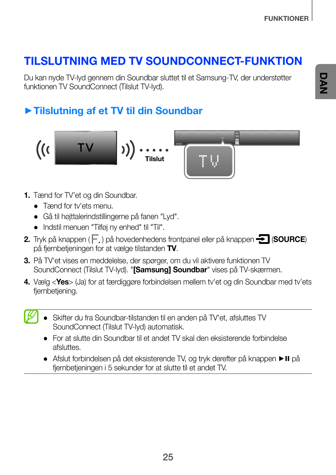 Samsung HW-F751/XE, HW-H750/XE manual Tilslutning med TV SoundConnect-funktion, ++Tilslutning af et TV til din Soundbar 