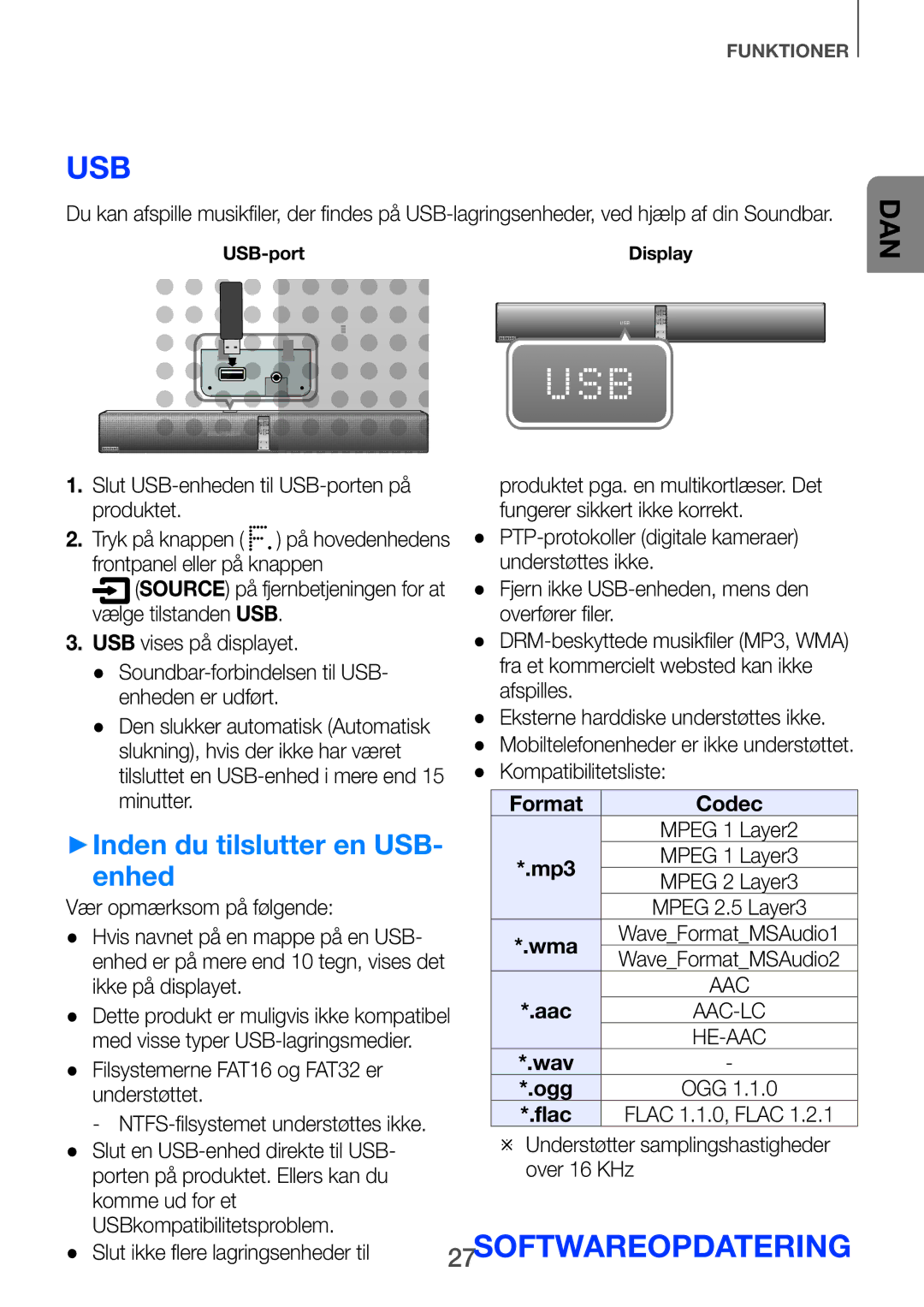 Samsung HW-H750/XE, HW-F751/XE, HW-H751/XE manual ++Inden du tilslutter en USB- enhed 