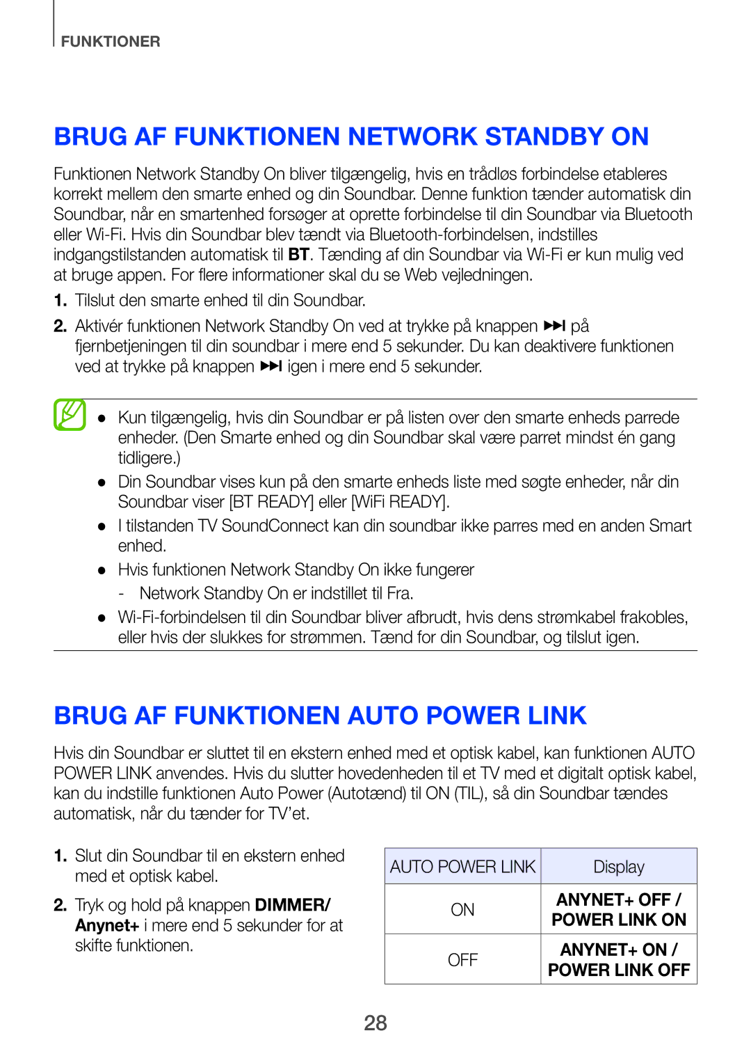 Samsung HW-F751/XE, HW-H750/XE manual Brug af funktionen Network Standby On, Brug af funktionen Auto Power Link, Display 