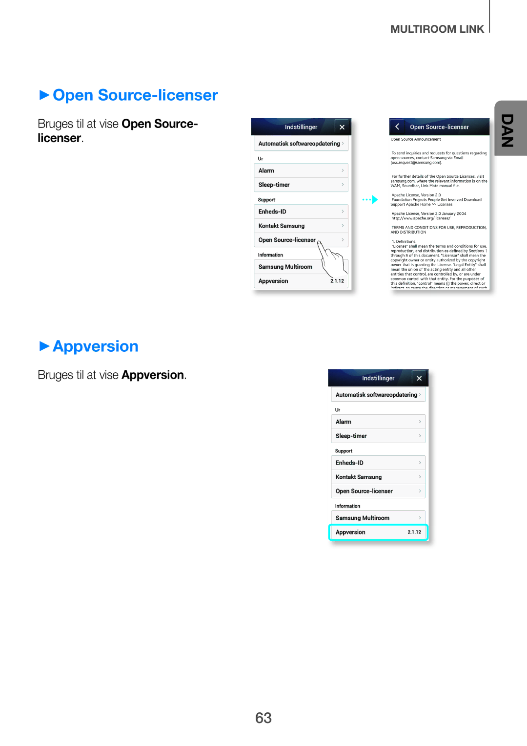 Samsung HW-H750/XE, HW-F751/XE, HW-H751/XE ++Open Source-licenser, ++Appversion, Bruges til at vise Open Source- licenser 