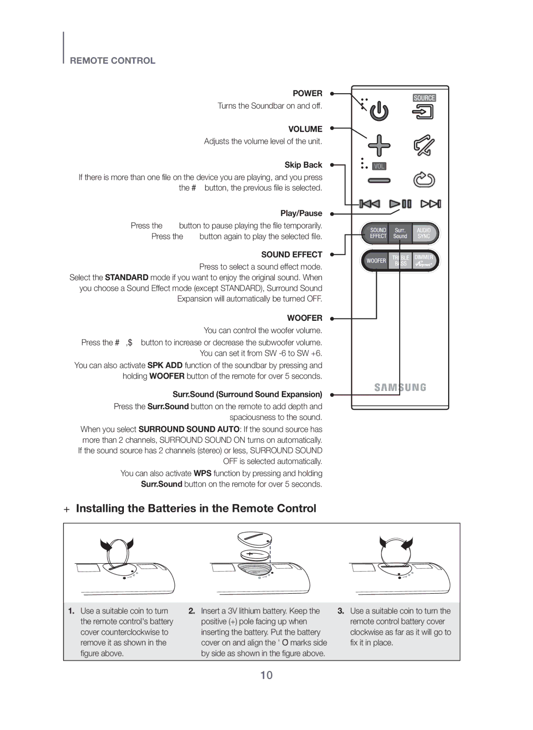 Samsung HW-F751/XE, HW-H750/XE, HW-H751/XE manual + Installing the Batteries in the Remote Control 