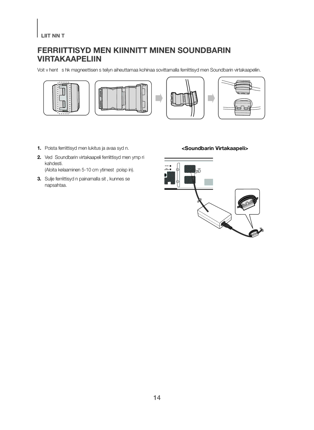 Samsung HW-H751/XE, HW-H750/XE, HW-F751/XE manual Ferriittisydämen Kiinnittäminen Soundbarin Virtakaapeliin 