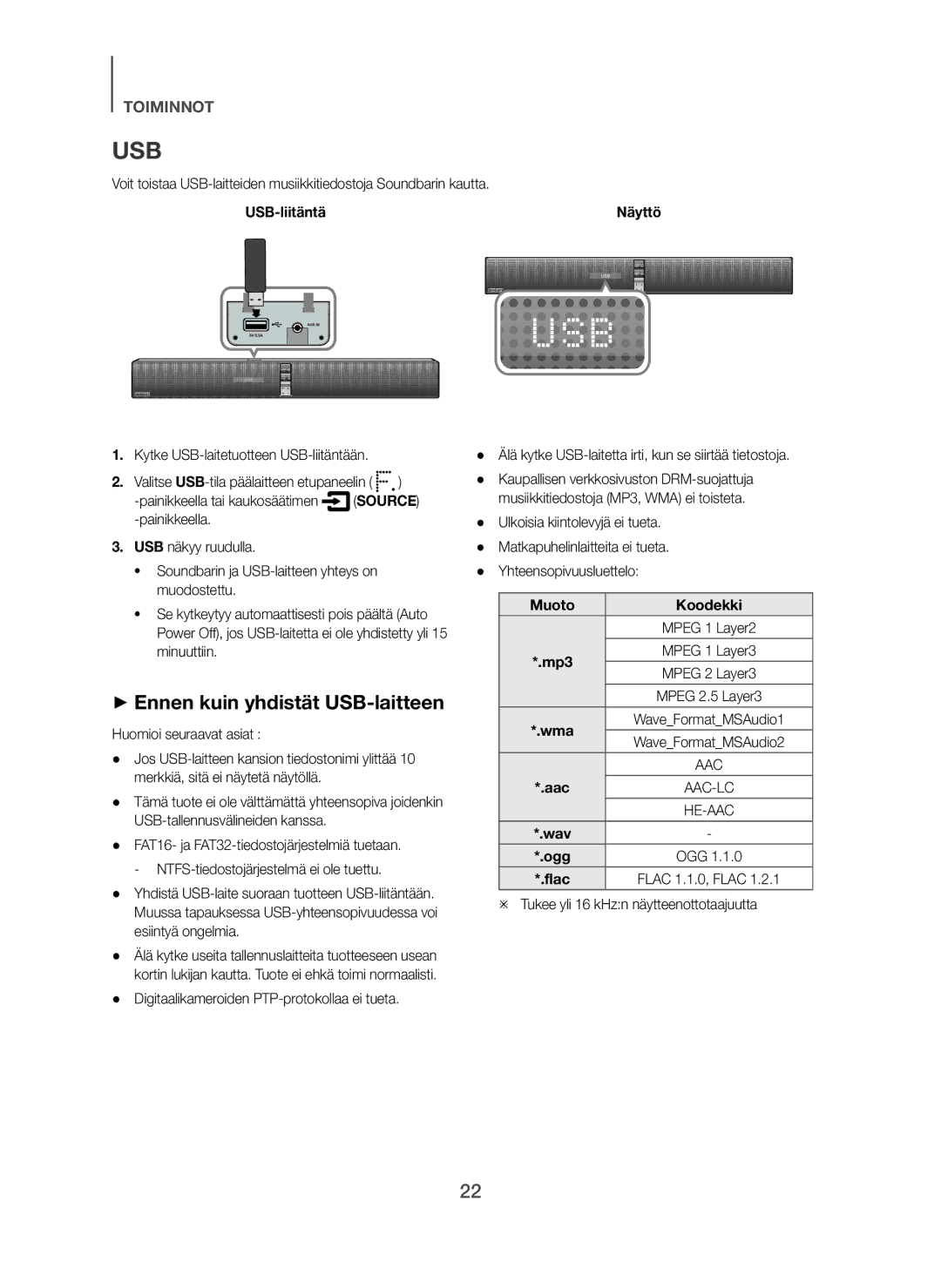 Samsung HW-F751/XE manual + Ennen kuin yhdistät USB-laitteen, USB-liitäntä Näyttö, Huomioi seuraavat asiat, Muoto Koodekki 