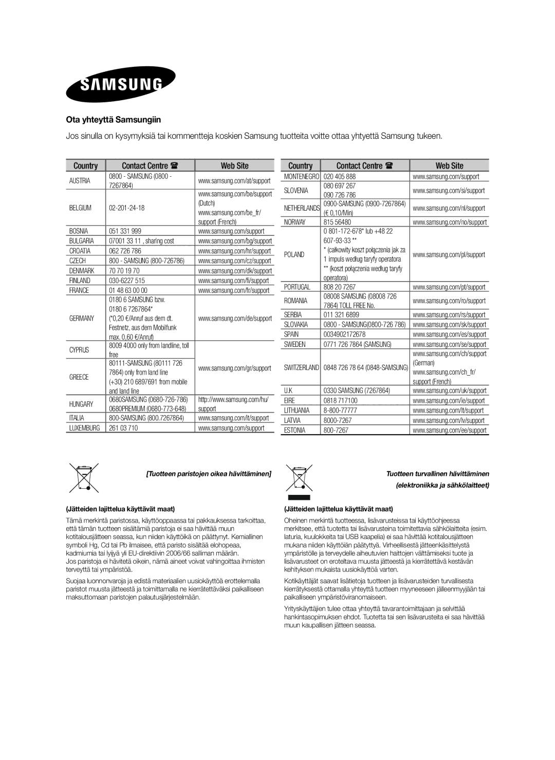 Samsung HW-H751/XE, HW-H750/XE, HW-F751/XE manual Ota yhteyttä Samsungiin, Jätteiden lajittelua käyttävät maat 