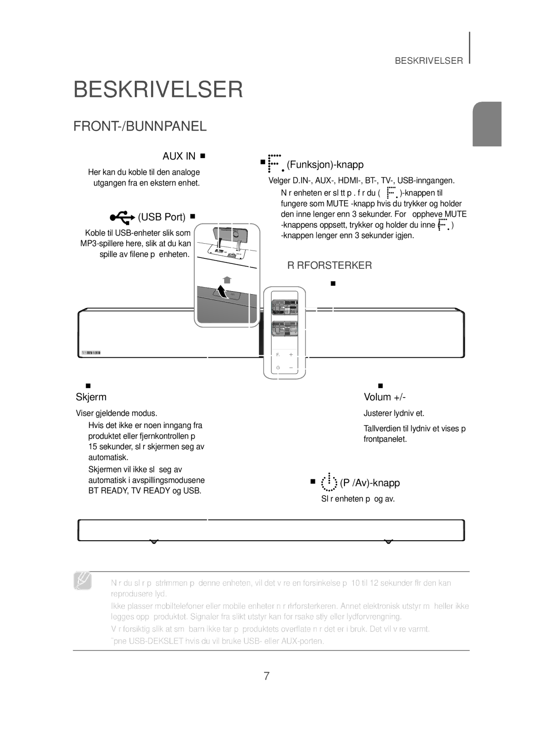 Samsung HW-H750/XE manual Front-/Bunnpanel, Spille av filene på enheten, Velger D.IN-, AUX-, HDMI-, BT-, TV-, USB-inngangen 