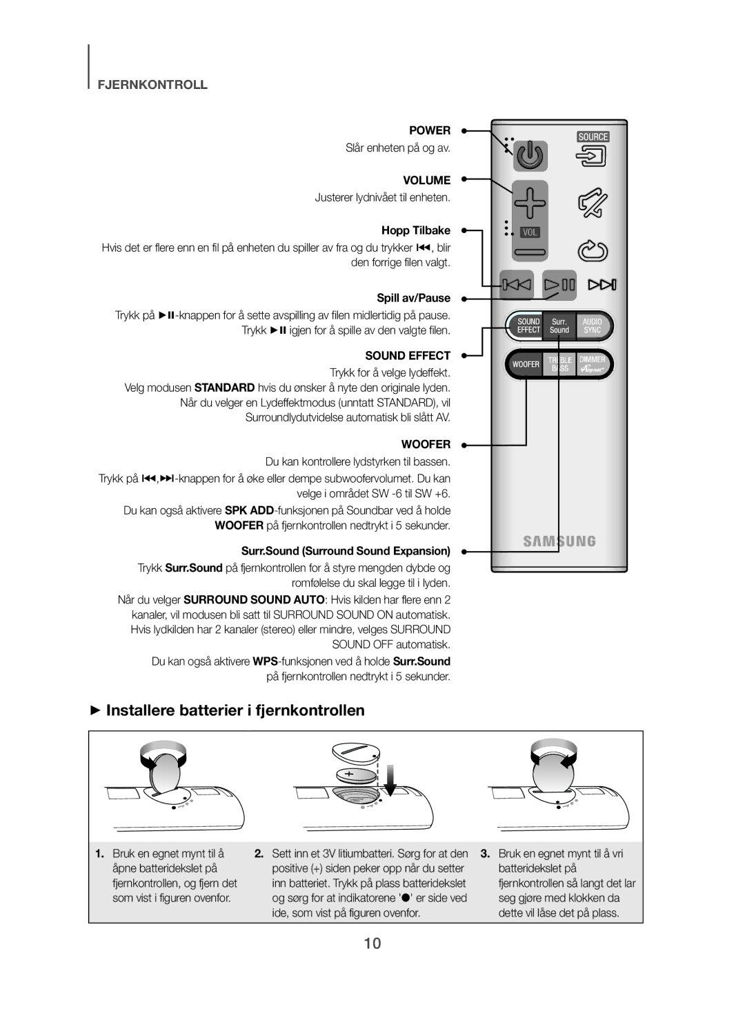 Samsung HW-H750/XE, HW-F751/XE, HW-H751/XE manual + Installere batterier i fjernkontrollen, Hopp Tilbake, Spill av/Pause 