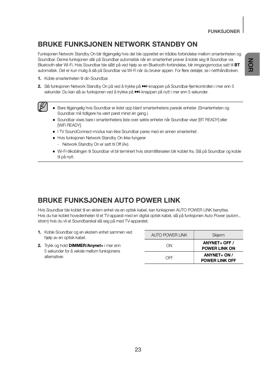 Samsung HW-F751/XE, HW-H750/XE, HW-H751/XE manual Bruke Funksjonen Network Standby on, Bruke Funksjonen Auto Power Link 