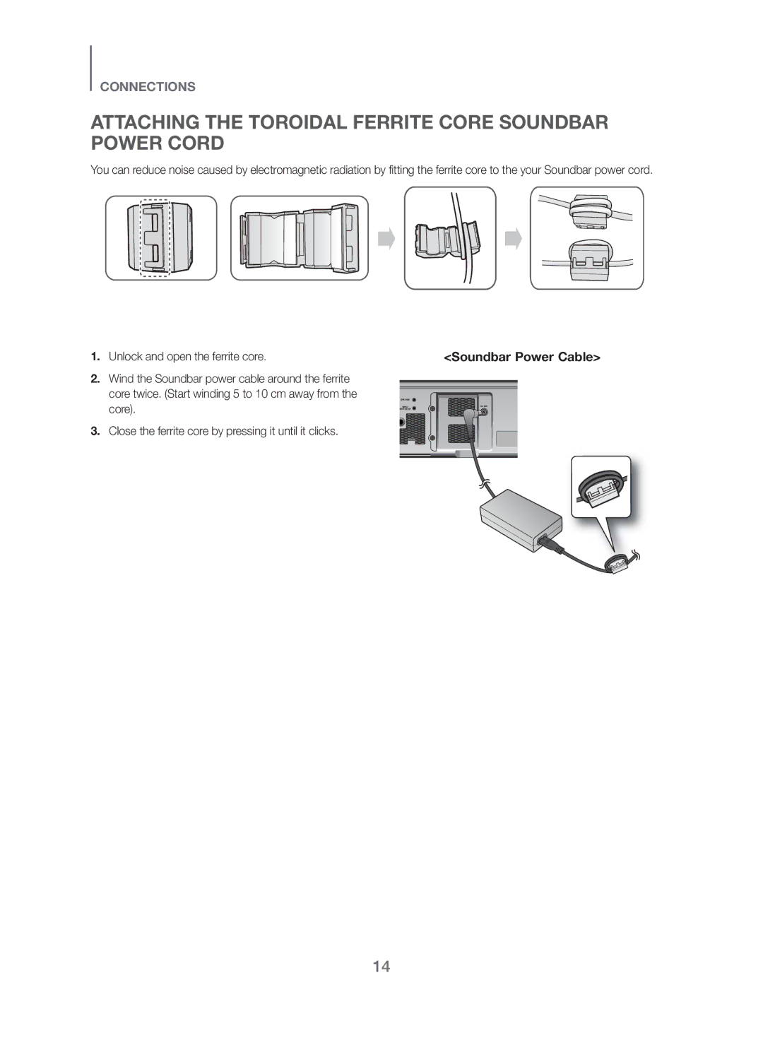 Samsung HW-H751/XE, HW-H750/XE, HW-F751/XE manual Attaching the Toroidal Ferrite Core Soundbar Power Cord 