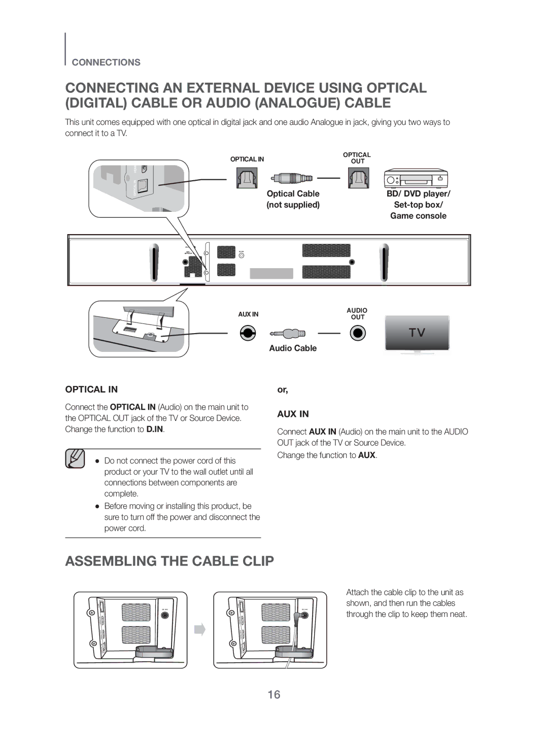 Samsung HW-F751/XE, HW-H750/XE, HW-H751/XE manual Assembling the Cable Clip, Optical 