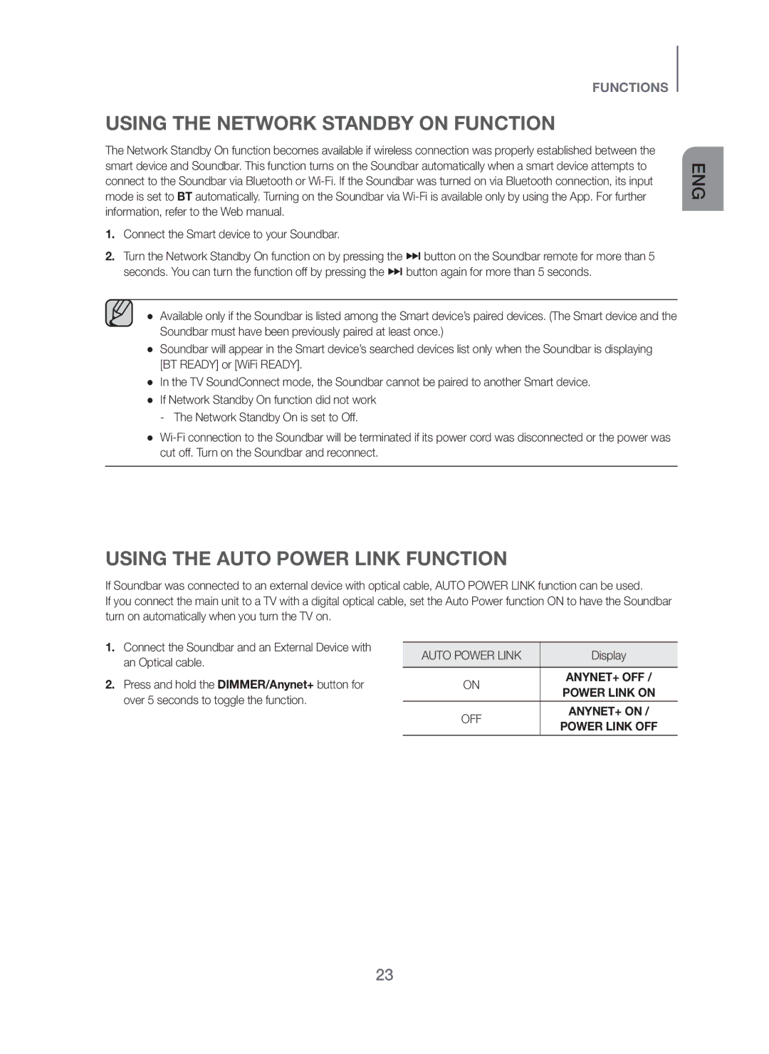 Samsung HW-H751/XE, HW-H750/XE, HW-F751/XE manual Using the Network Standby on Function, Using the Auto Power Link Function 