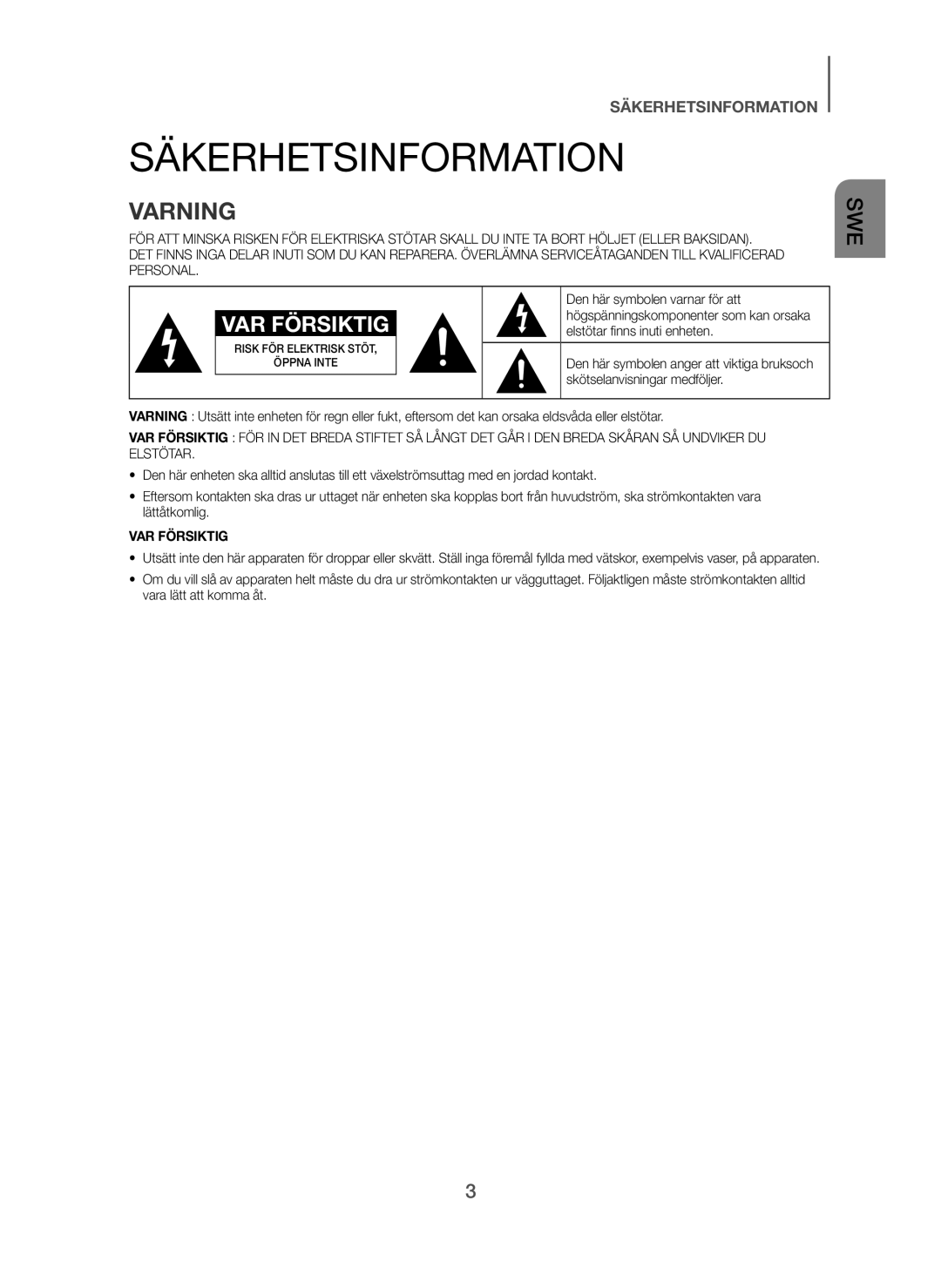 Samsung HW-H751/XE, HW-H750/XE, HW-F751/XE manual Säkerhetsinformation, Varning 