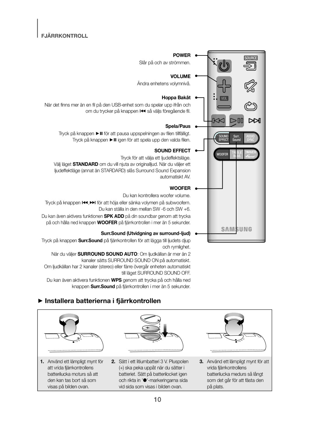 Samsung HW-H750/XE, HW-F751/XE, HW-H751/XE manual + Installera batterierna i fjärrkontrollen, Hoppa Bakåt, Spela/Paus 