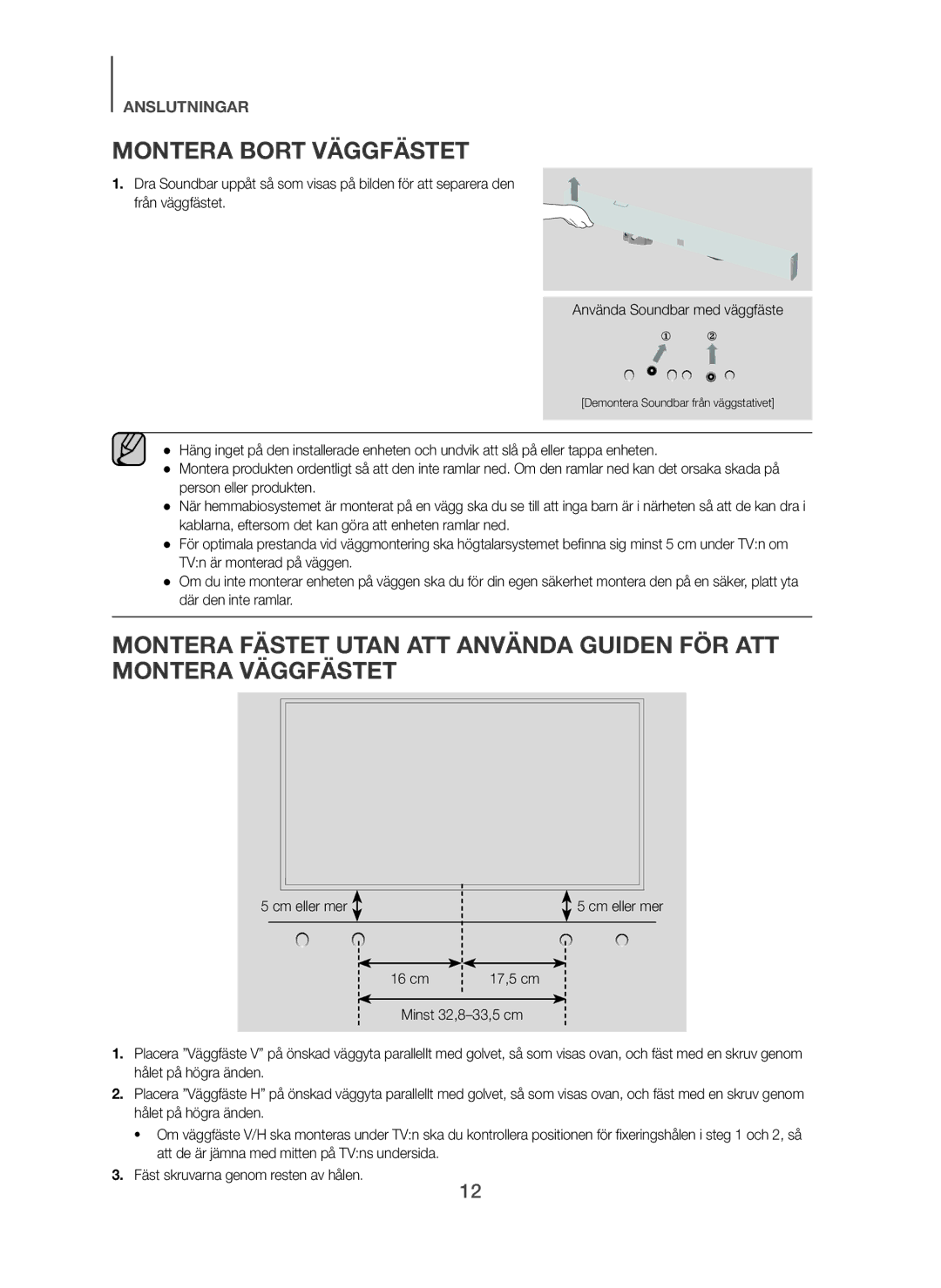 Samsung HW-H751/XE, HW-H750/XE, HW-F751/XE manual Montera Bort Väggfästet, Cm eller mer 16 cm 