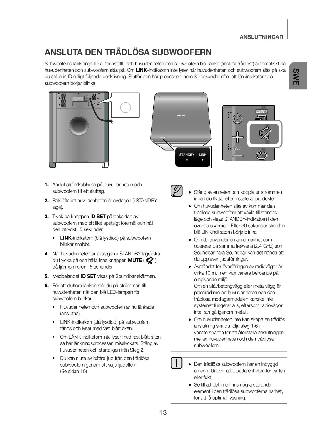 Samsung HW-H750/XE, HW-F751/XE, HW-H751/XE manual Ansluta DEN Trådlösa Subwoofern, Se sidan 