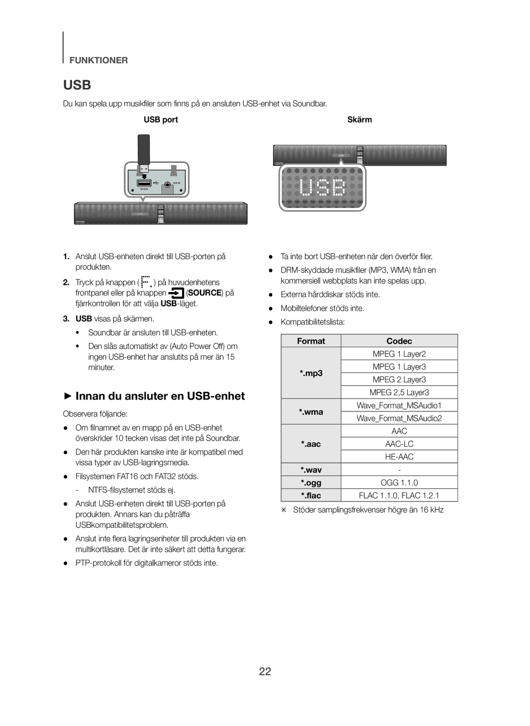 Samsung HW-H750/XE, HW-F751/XE, HW-H751/XE manual Usb, + Innan du ansluter en USB-enhet, USB port, Format Codec, Ogg 