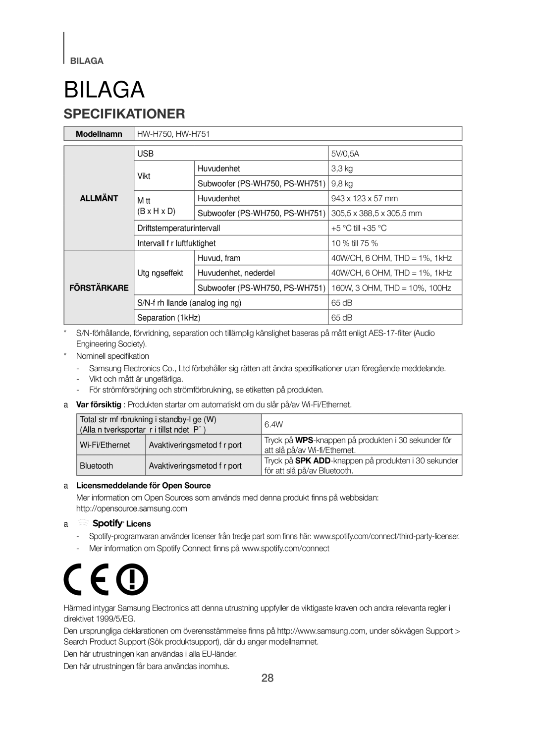 Samsung HW-H750/XE, HW-F751/XE, HW-H751/XE manual Bilaga, Specifikationer, Modellnamn, Licensmeddelande för Open Source 