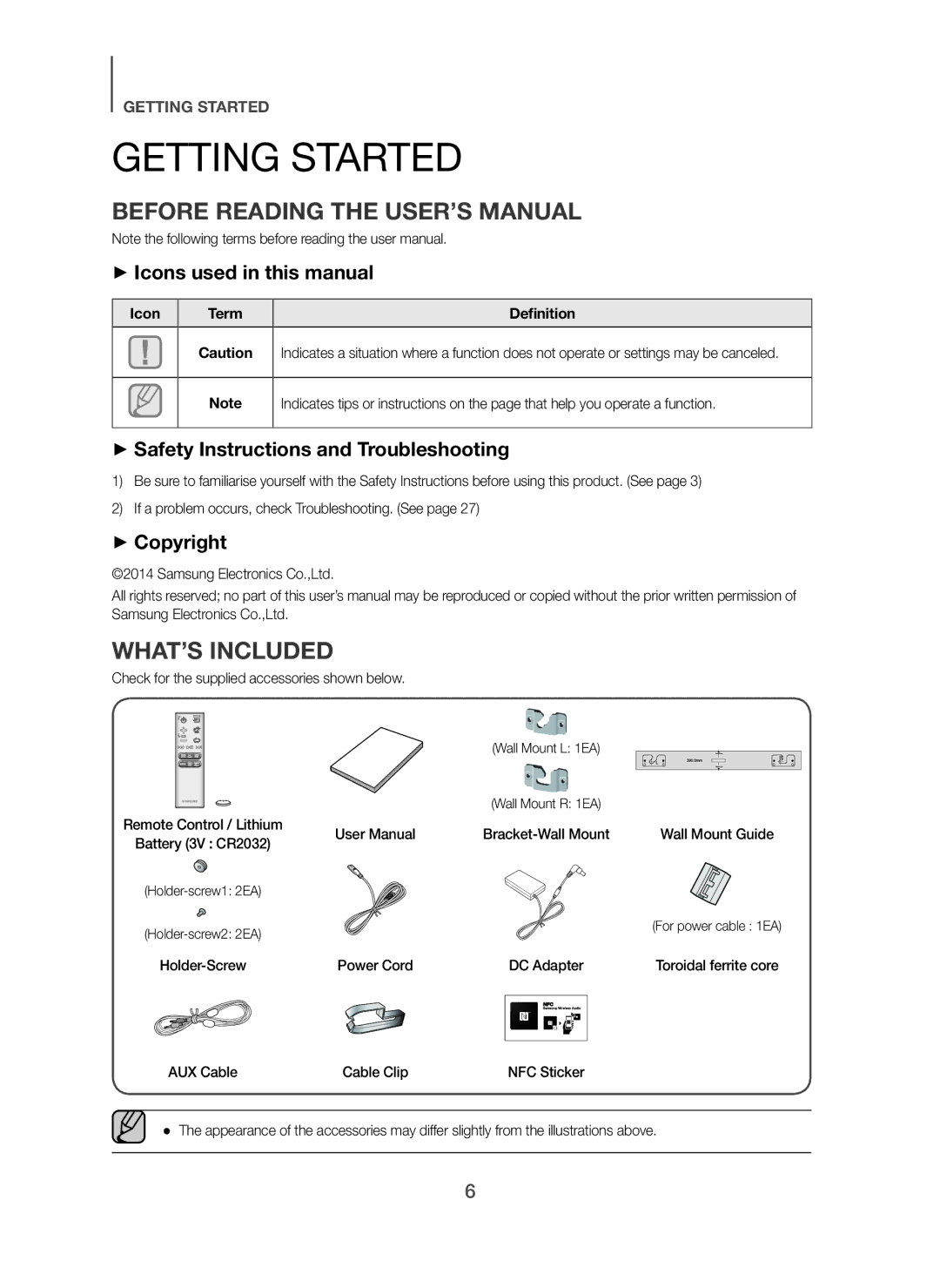 Samsung HW-H750/XE, HW-F751/XE, HW-H751/XE manual Getting Started, Before Reading the USER’S Manual, WHAT’S Included 