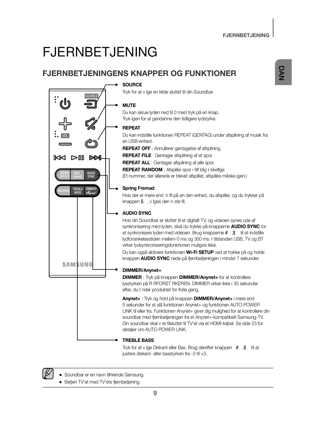 Samsung HW-F751/XE manual Fjernbetjeningens Knapper OG Funktioner, Tryk for at vælge en kilde sluttet til din Soundbar 