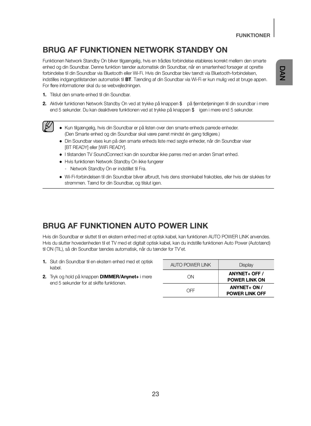 Samsung HW-H750/XE, HW-F751/XE, HW-H751/XE manual Brug AF Funktionen Network Standby on, Brug AF Funktionen Auto Power Link 