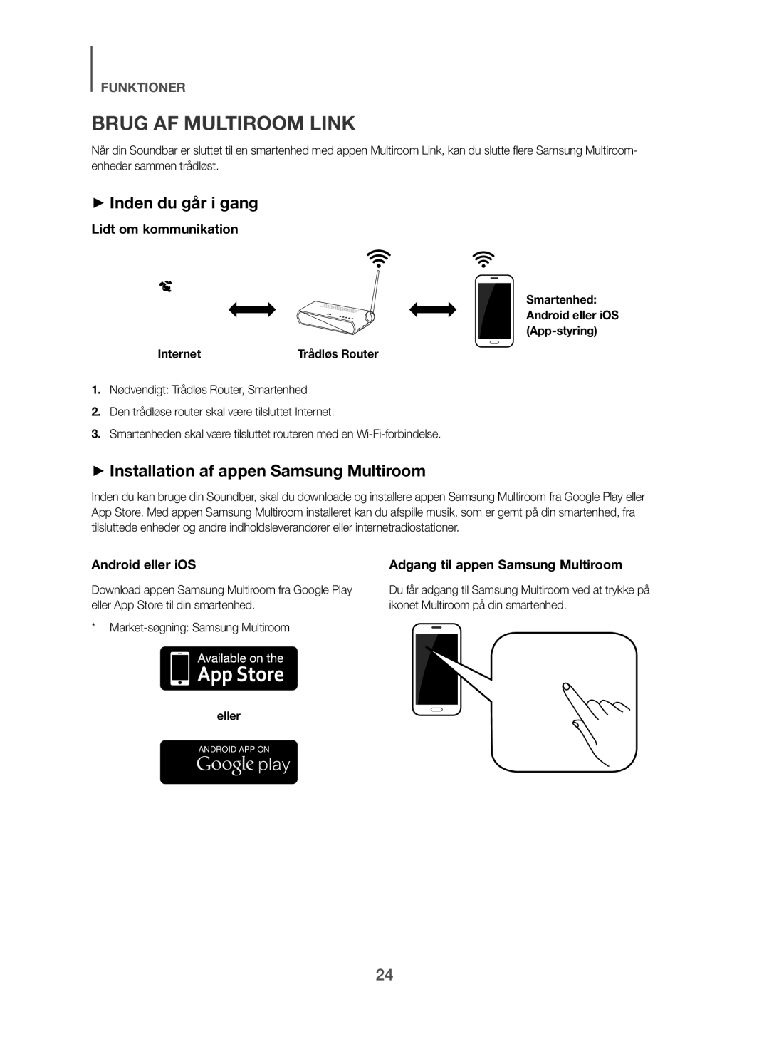 Samsung HW-F751/XE, HW-H750/XE Brug AF Multiroom Link, + Inden du går i gang, + Installation af appen Samsung Multiroom 