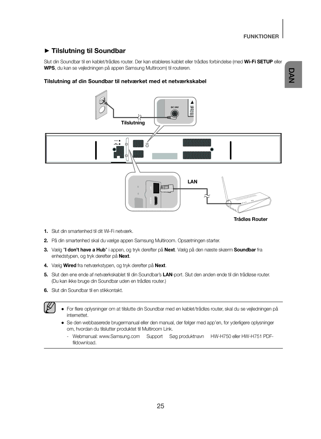 Samsung HW-H751/XE, HW-H750/XE, HW-F751/XE manual + Tilslutning til Soundbar, Trådløs Router 