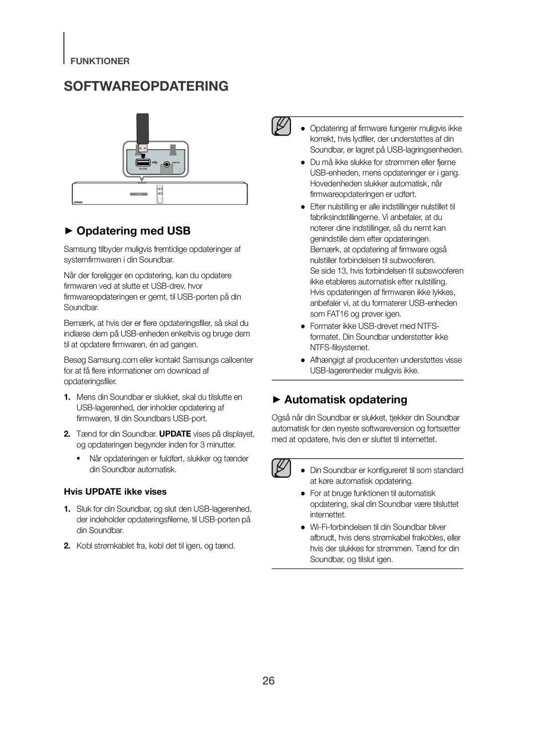 Samsung HW-H750/XE, HW-F751/XE Softwareopdatering, + Opdatering med USB, + Automatisk opdatering, Hvis Update ikke vises 