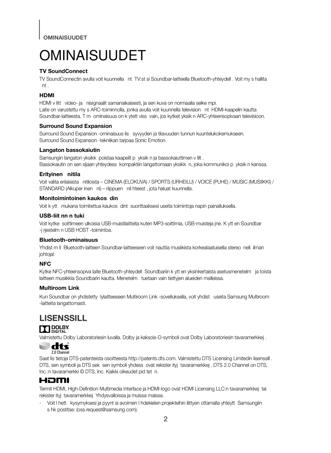 Samsung HW-H751/XE, HW-H750/XE, HW-F751/XE manual Ominaisuudet, Lisenssillä 