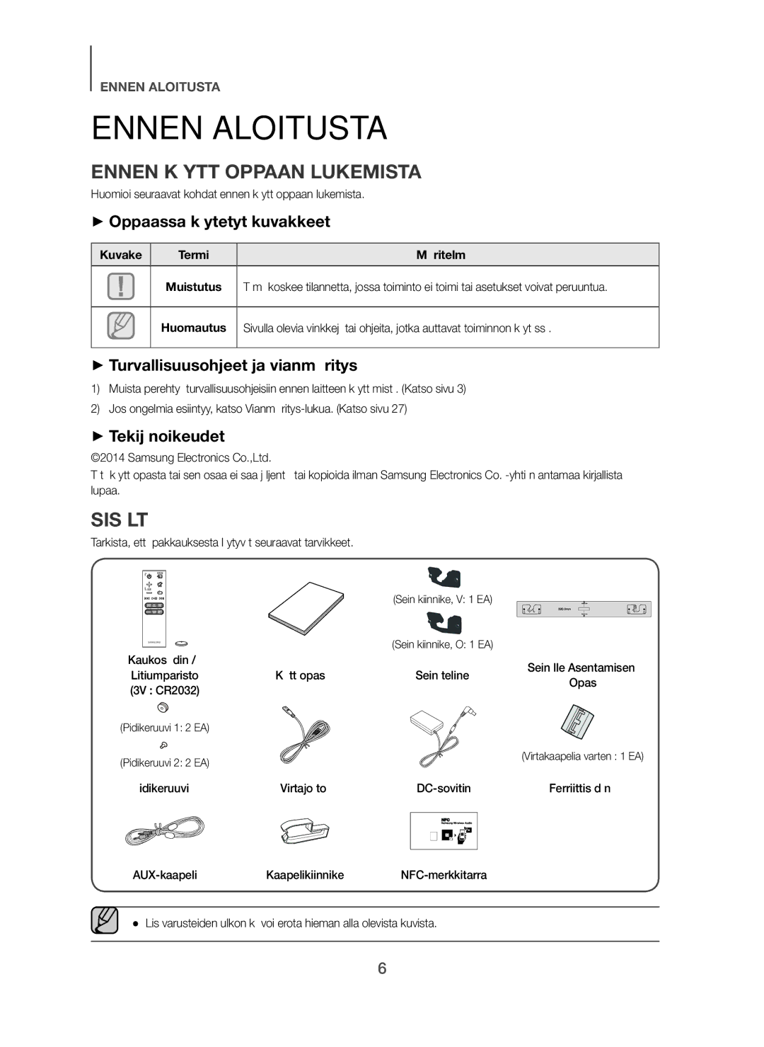 Samsung HW-H750/XE, HW-F751/XE, HW-H751/XE manual Ennen Aloitusta, Ennen Käyttöoppaan Lukemista, Sisältö 