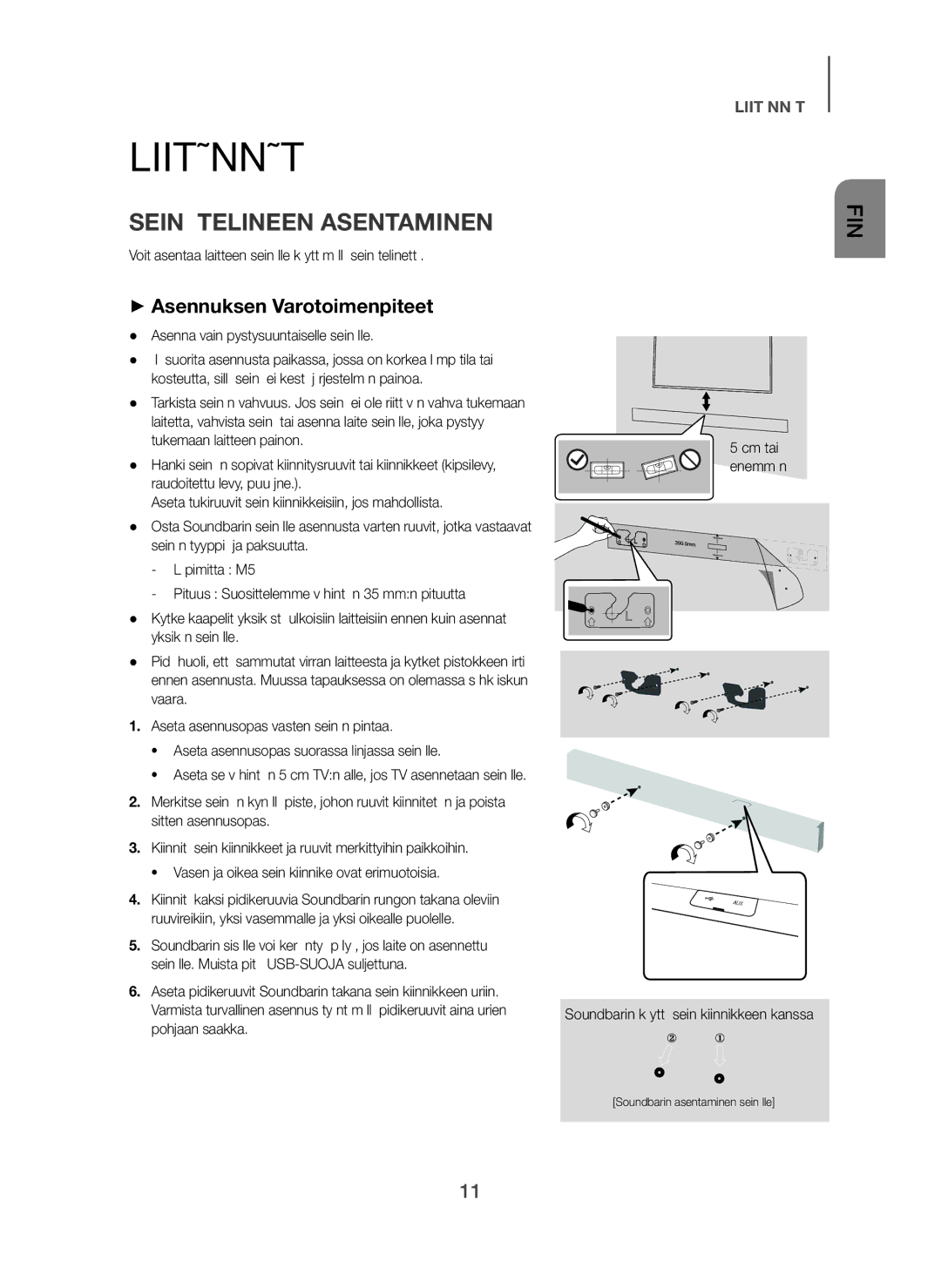 Samsung HW-H751/XE, HW-H750/XE, HW-F751/XE manual Liitännät, Seinä Telineen Asentaminen, + Asennuksen Varotoimenpiteet 