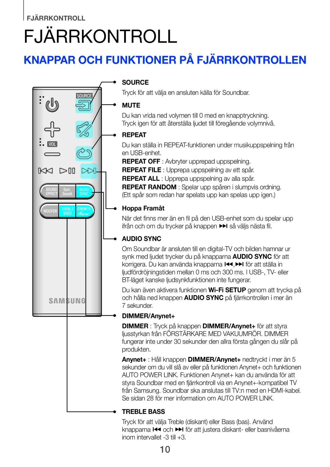 Samsung HW-F751/XE, HW-H750/XE, HW-H751/XE manual Fjärrkontroll, Knappar och funktioner på fjärrkontrollen 