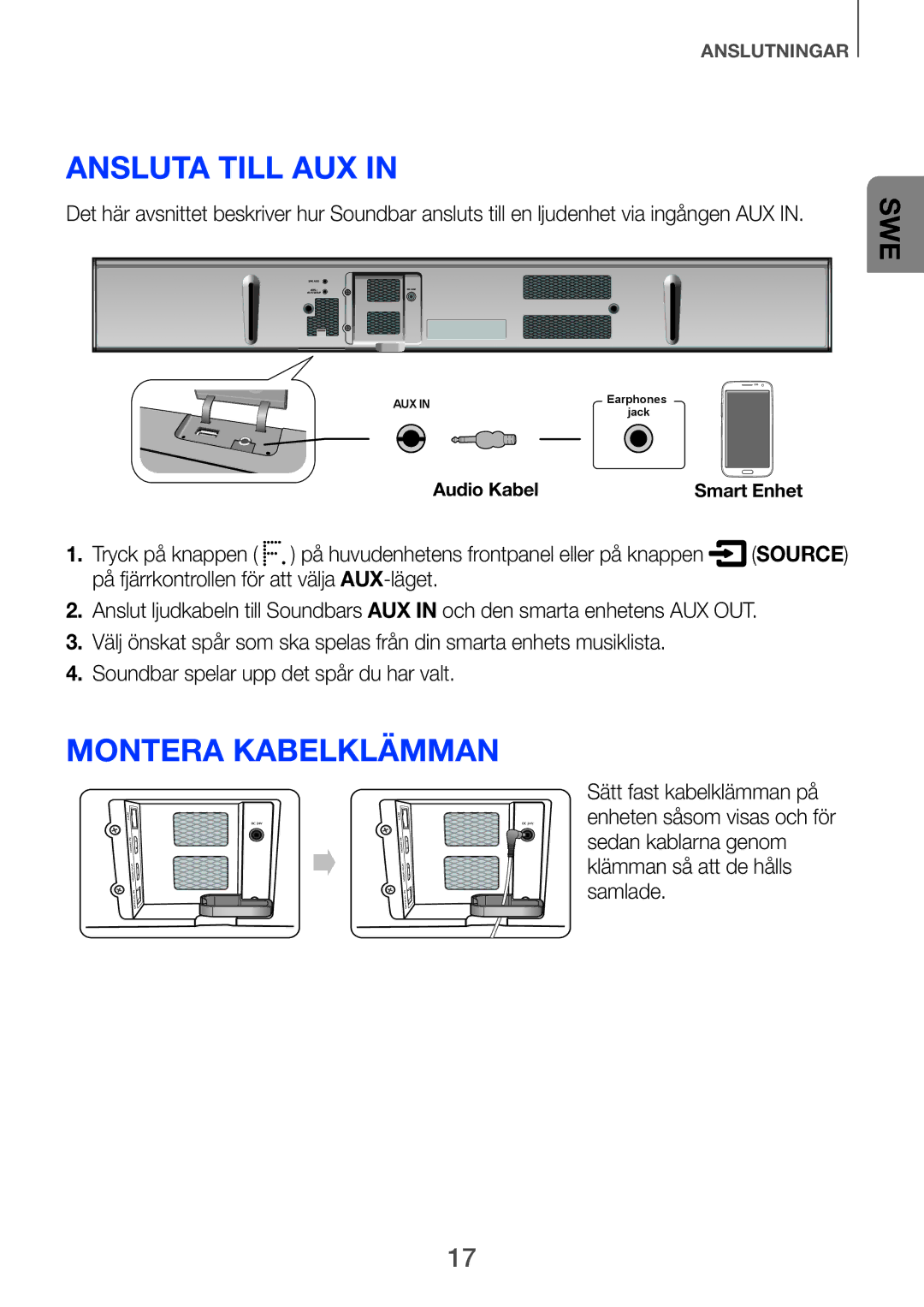 Samsung HW-H751/XE, HW-H750/XE, HW-F751/XE manual Ansluta till AUX, Montera kabelklämman 