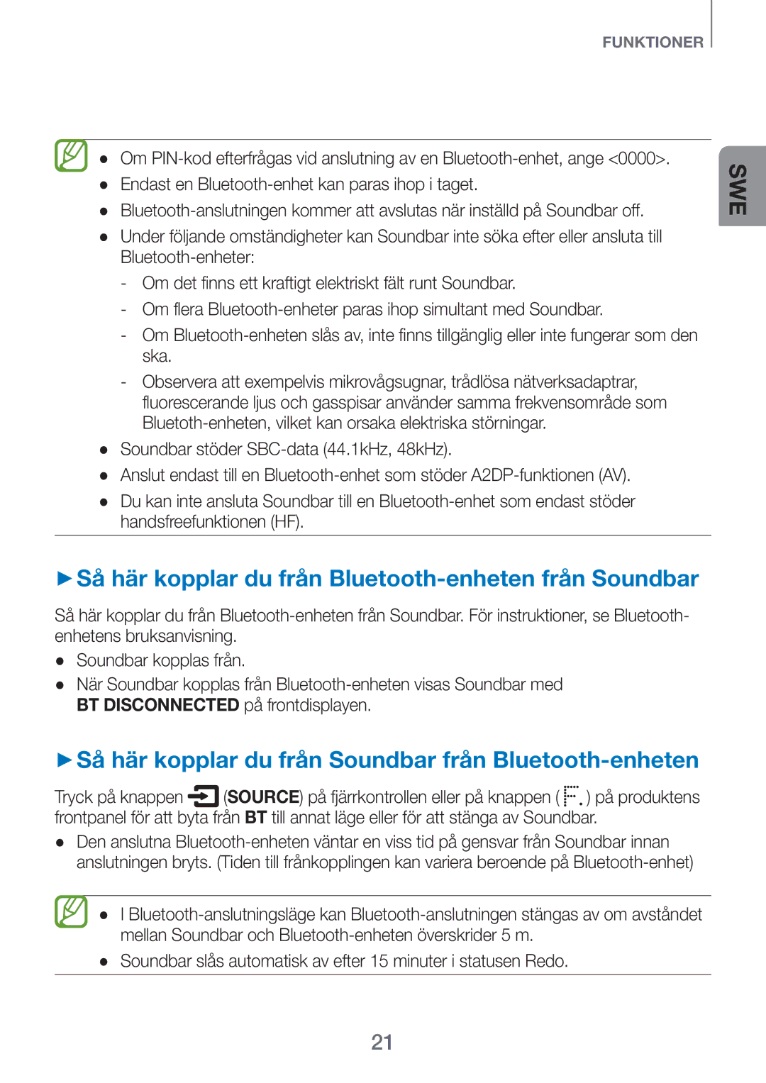 Samsung HW-H750/XE manual ++Så här kopplar du från Bluetooth-enheten från Soundbar, Soundbar stöder SBC-data 44.1kHz, 48kHz 