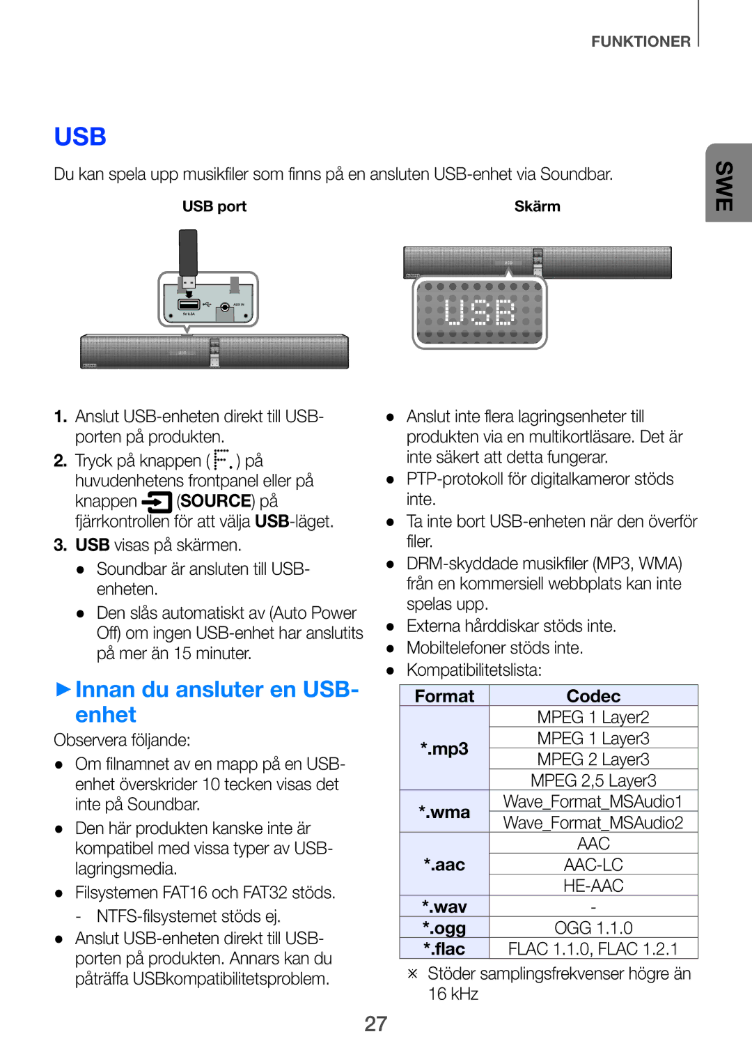 Samsung HW-H750/XE, HW-F751/XE, HW-H751/XE manual ++Innan du ansluter en USB- enhet 