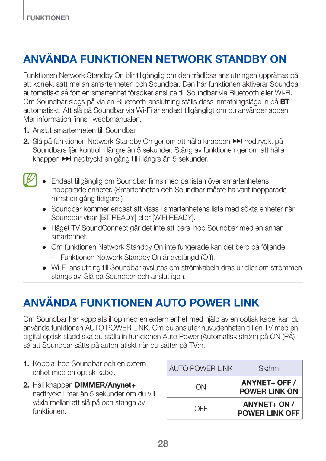 Samsung HW-F751/XE Använda funktionen Network Standby On, Använda funktionen Auto Power Link, Håll knappen DIMMER/Anynet+ 