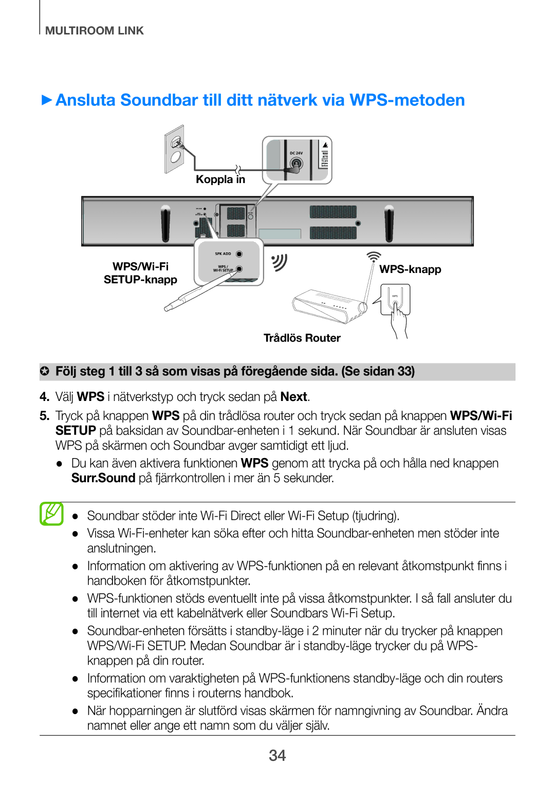 Samsung HW-F751/XE ++Ansluta Soundbar till ditt nätverk via WPS-metoden, Välj WPS i nätverkstyp och tryck sedan på Next 