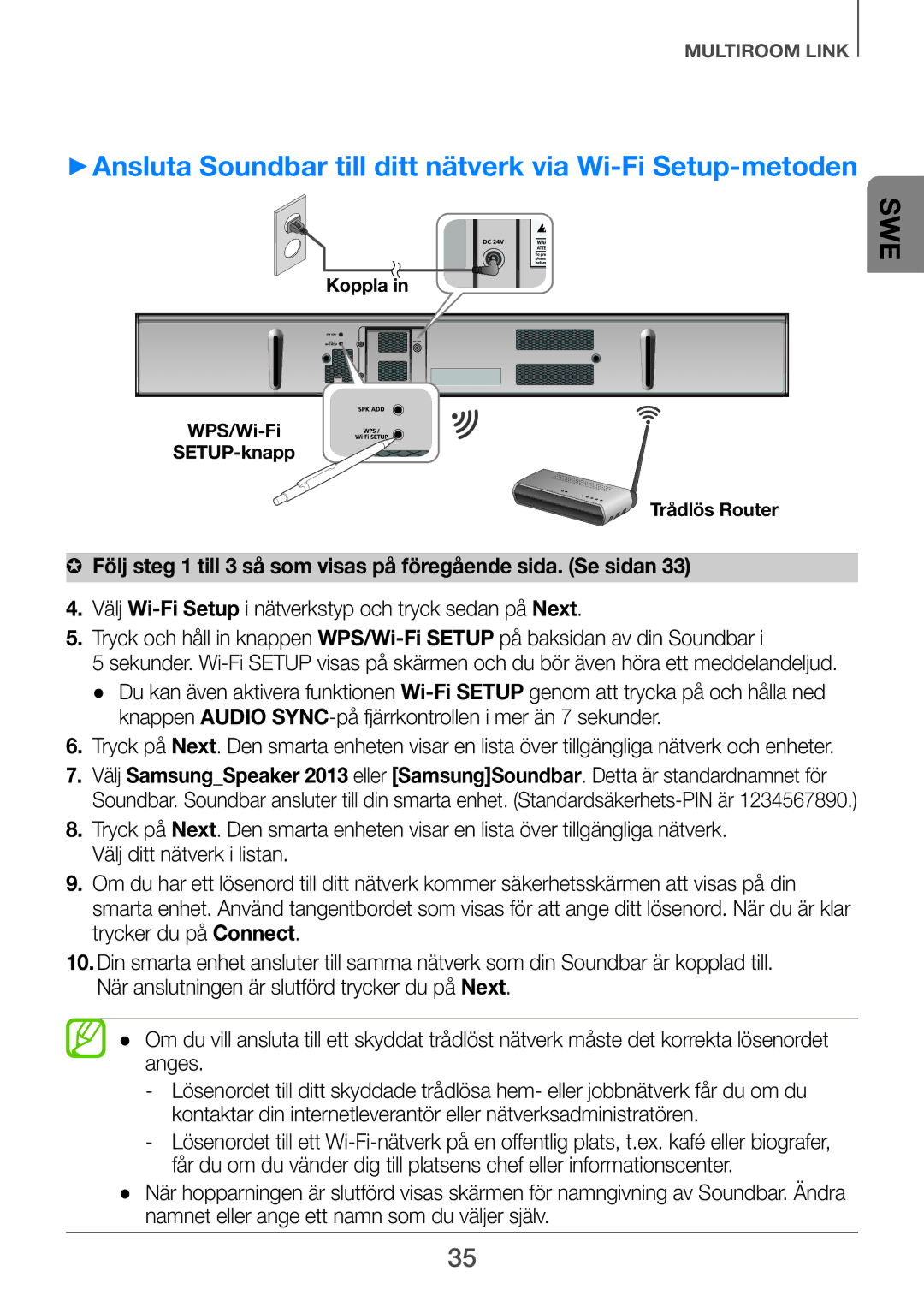 Samsung HW-H751/XE, HW-H750/XE, HW-F751/XE manual ++Ansluta Soundbar till ditt nätverk via Wi-Fi Setup-metoden 