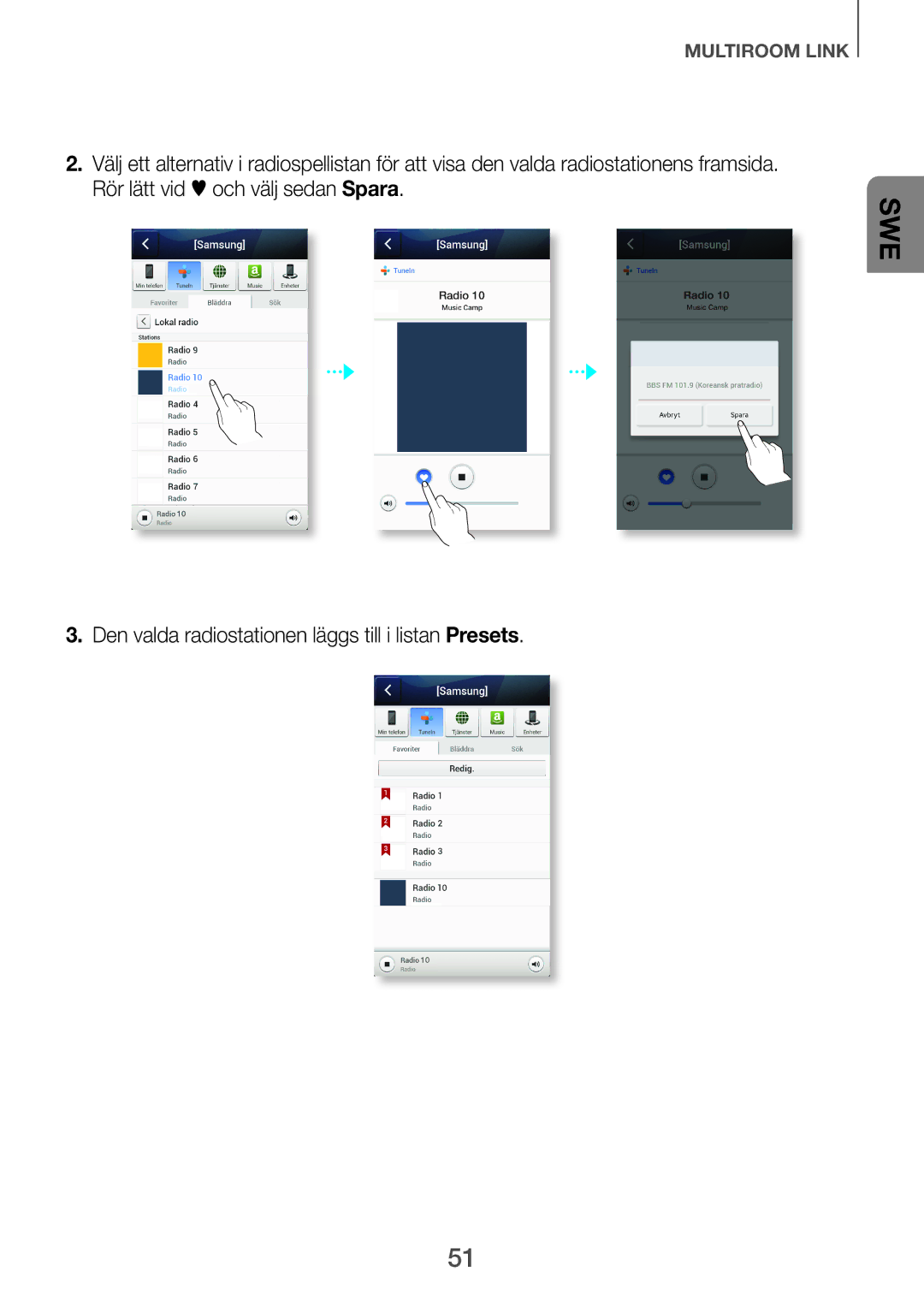 Samsung HW-H750/XE, HW-F751/XE, HW-H751/XE manual Den valda radiostationen läggs till i listan Presets 