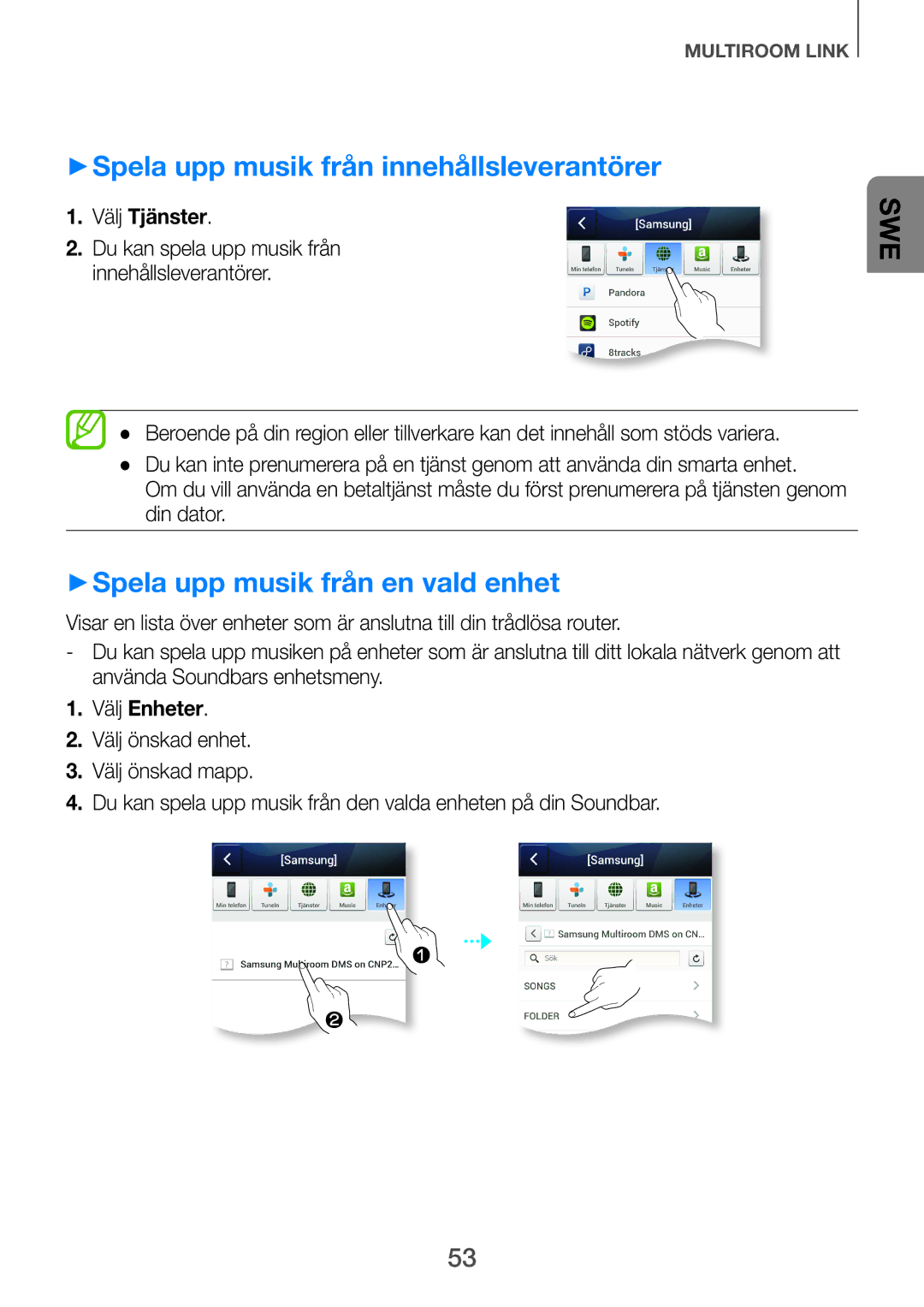 Samsung HW-H751/XE manual ++Spela upp musik från innehållsleverantörer, ++Spela upp musik från en vald enhet, Välj Tjänster 