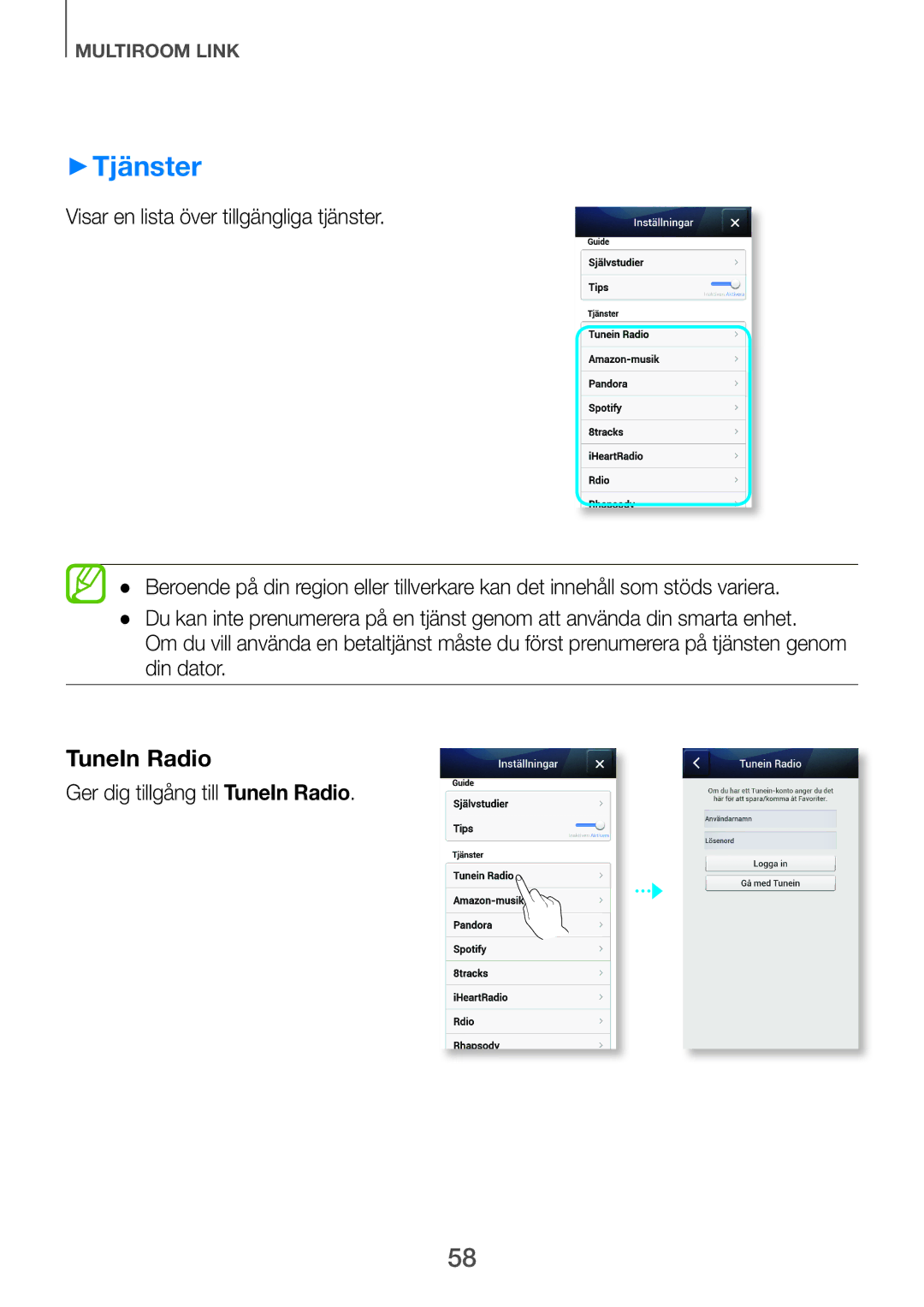 Samsung HW-F751/XE, HW-H750/XE ++Tjänster, Visar en lista över tillgängliga tjänster, Ger dig tillgång till TuneIn Radio 