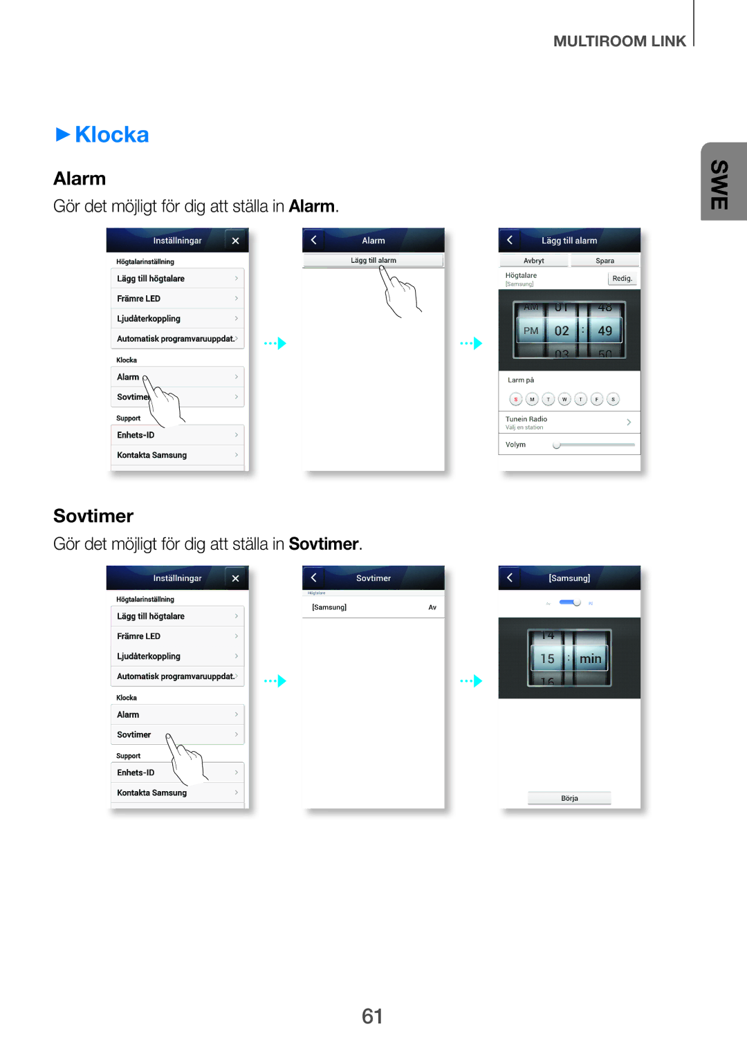 Samsung HW-F751/XE ++Klocka, Gör det möjligt för dig att ställa in Alarm, Gör det möjligt för dig att ställa in Sovtimer 